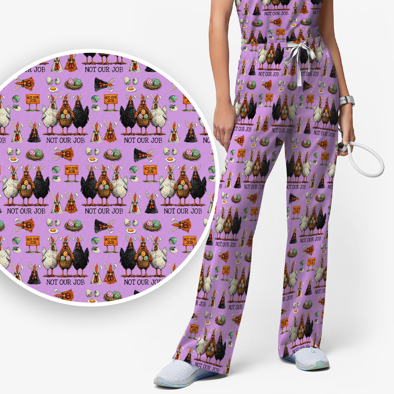 Funny Easter Chicken Humor Pattern Scrub Set, Scrub Pants and V Neck Top