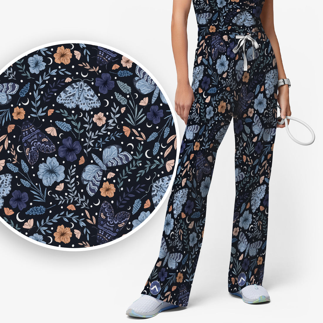 Charming Night Moth Butterfly Floral Pattern Scrub Set, Scrub Pants and V Neck Top