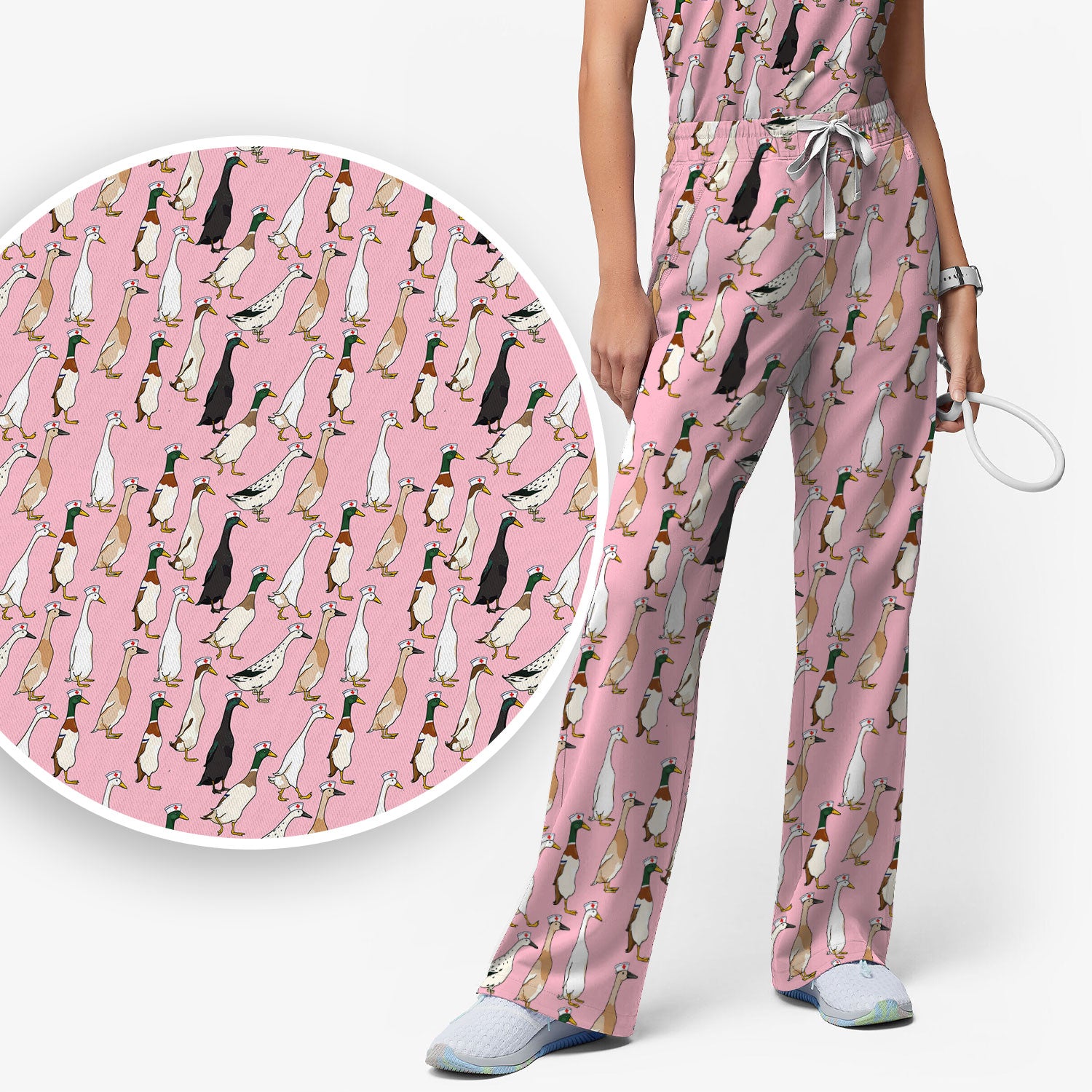Funny Nurse Duck Pattern Scrub Set, Breathable Med Uniform