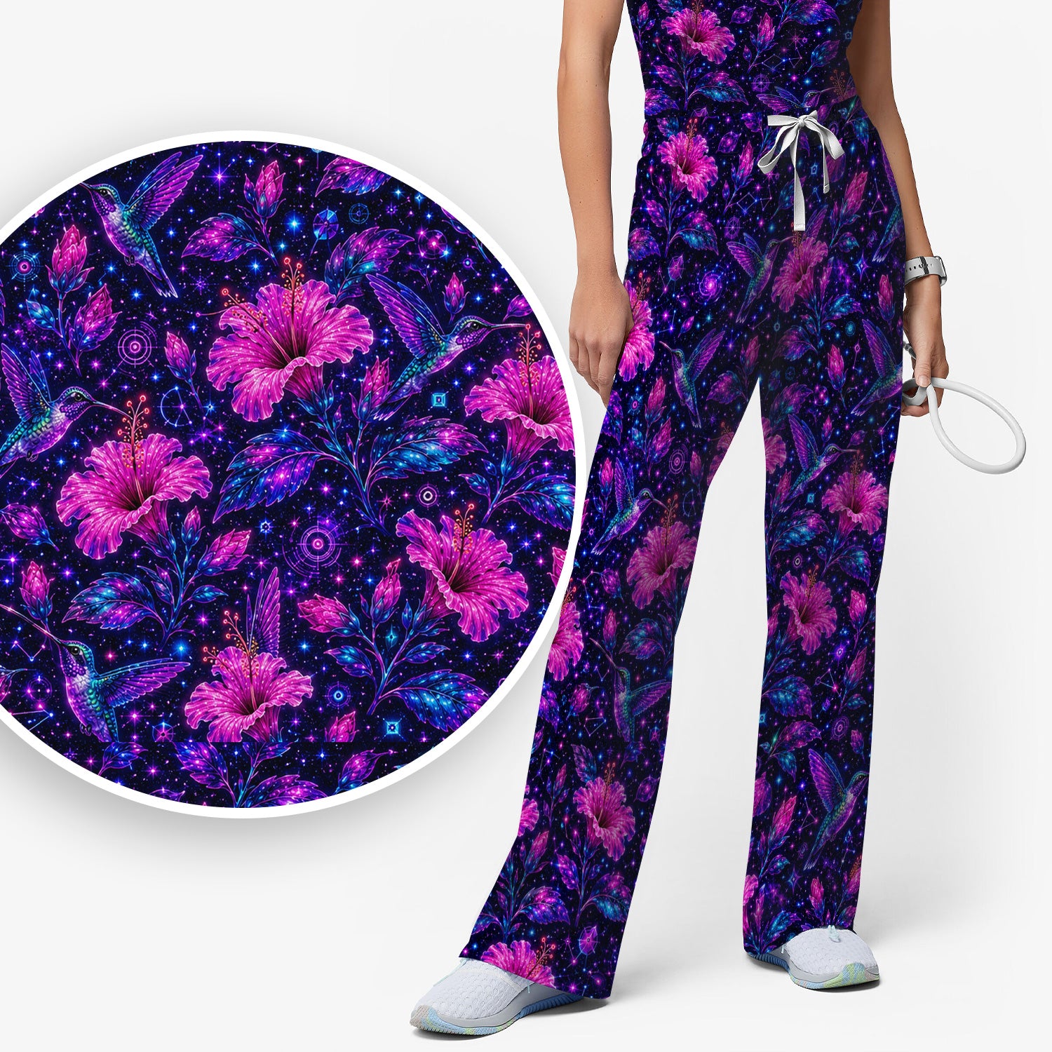 Galaxy Floral Hummingbird Nurse Pattern Scrub Set, Scrub Pants and V Neck Top