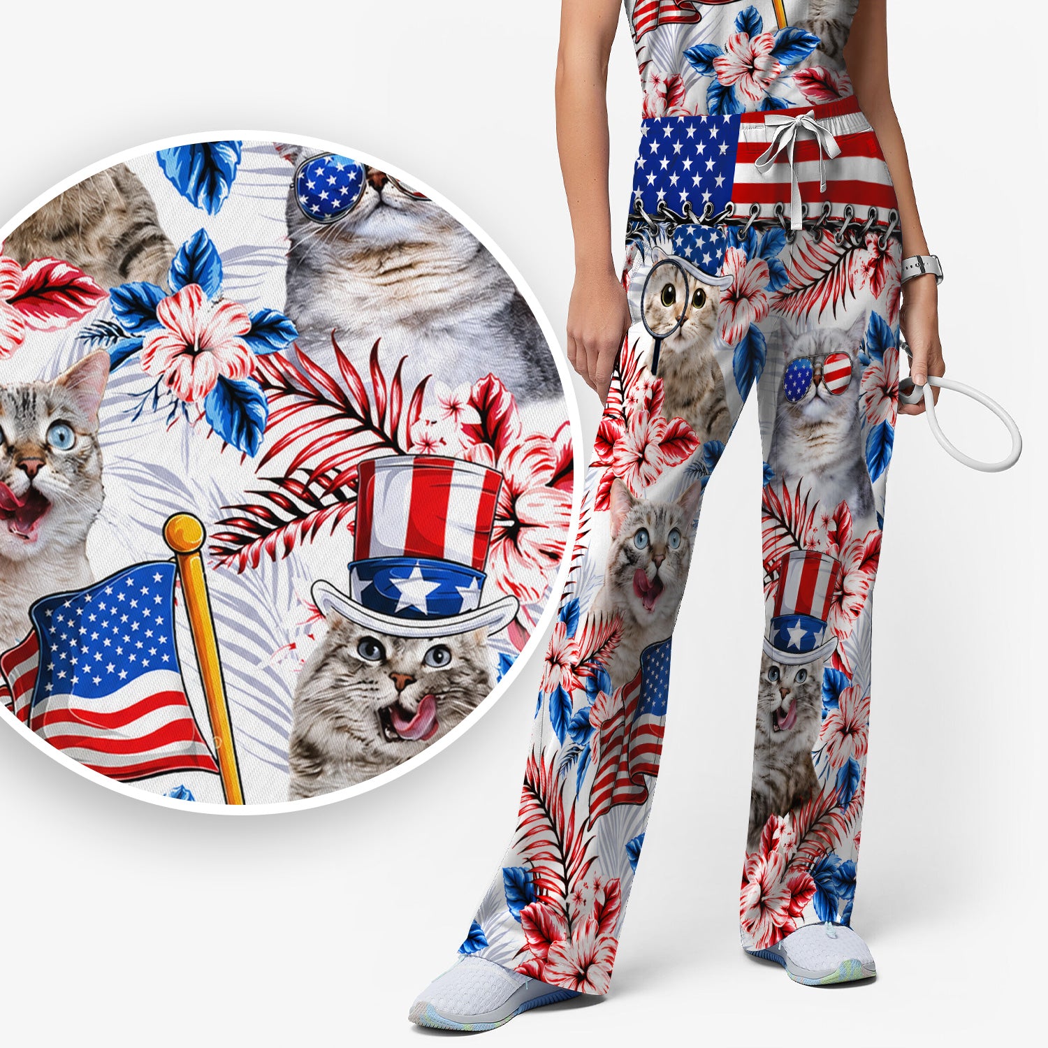 Patriotic Cat with USA Flag Scrub Set, Scrub Pants and V Neck Top
