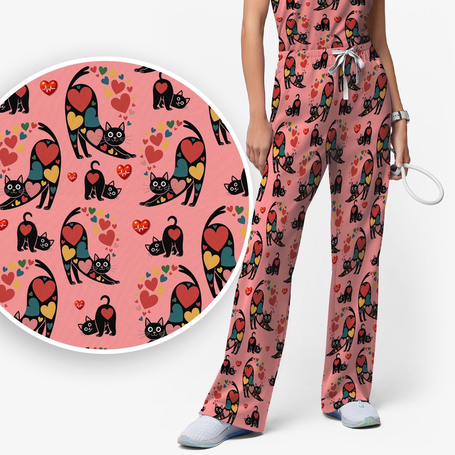Playful Cat Valentine Heart Print Medical Scrub Set, Breathable Med Uniform