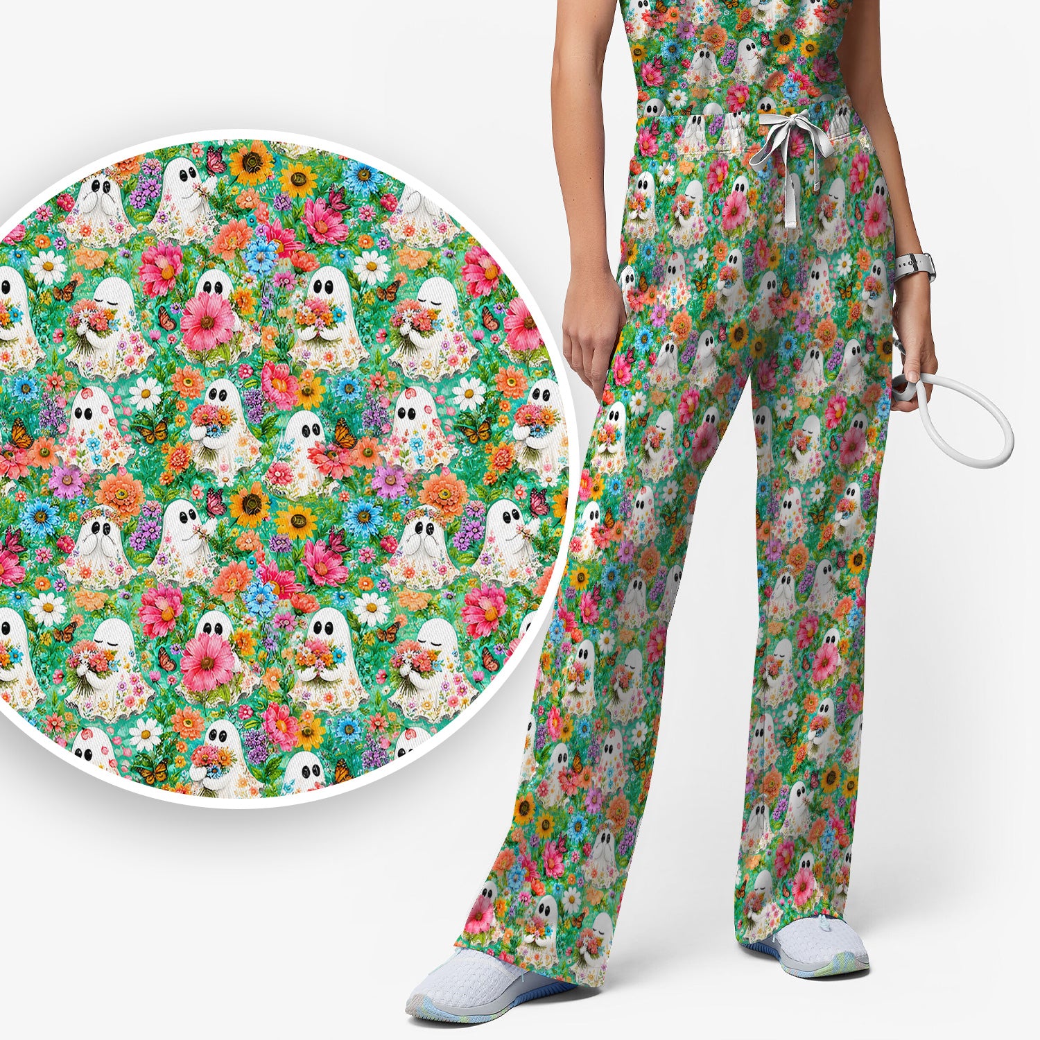 Cute Halloween Floral Ghosts Scrub Set, Scrub Pants and V Neck Top