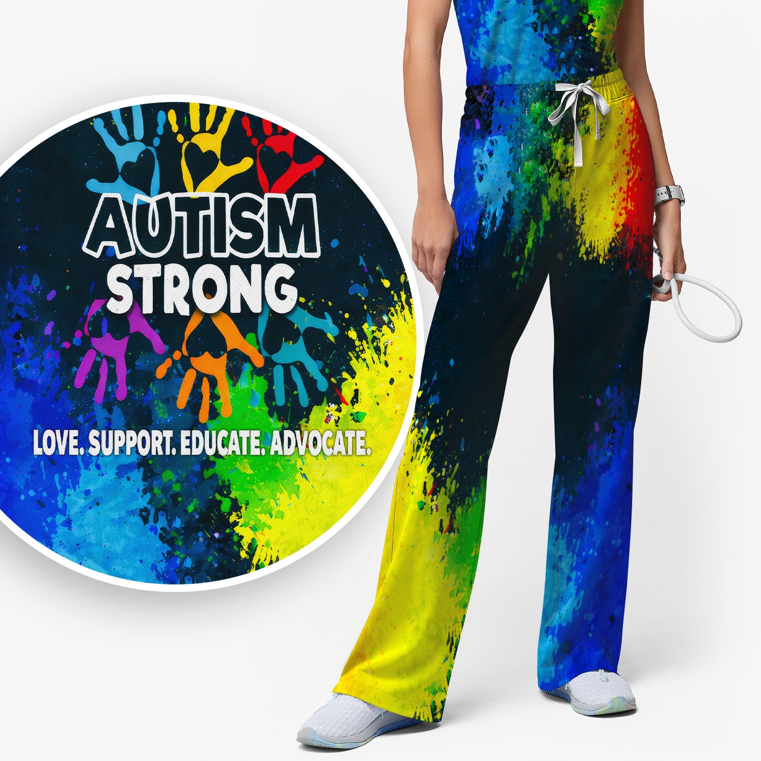 Autism Strong Colorful Handprint Scrub Set, Breathable Med Uniform