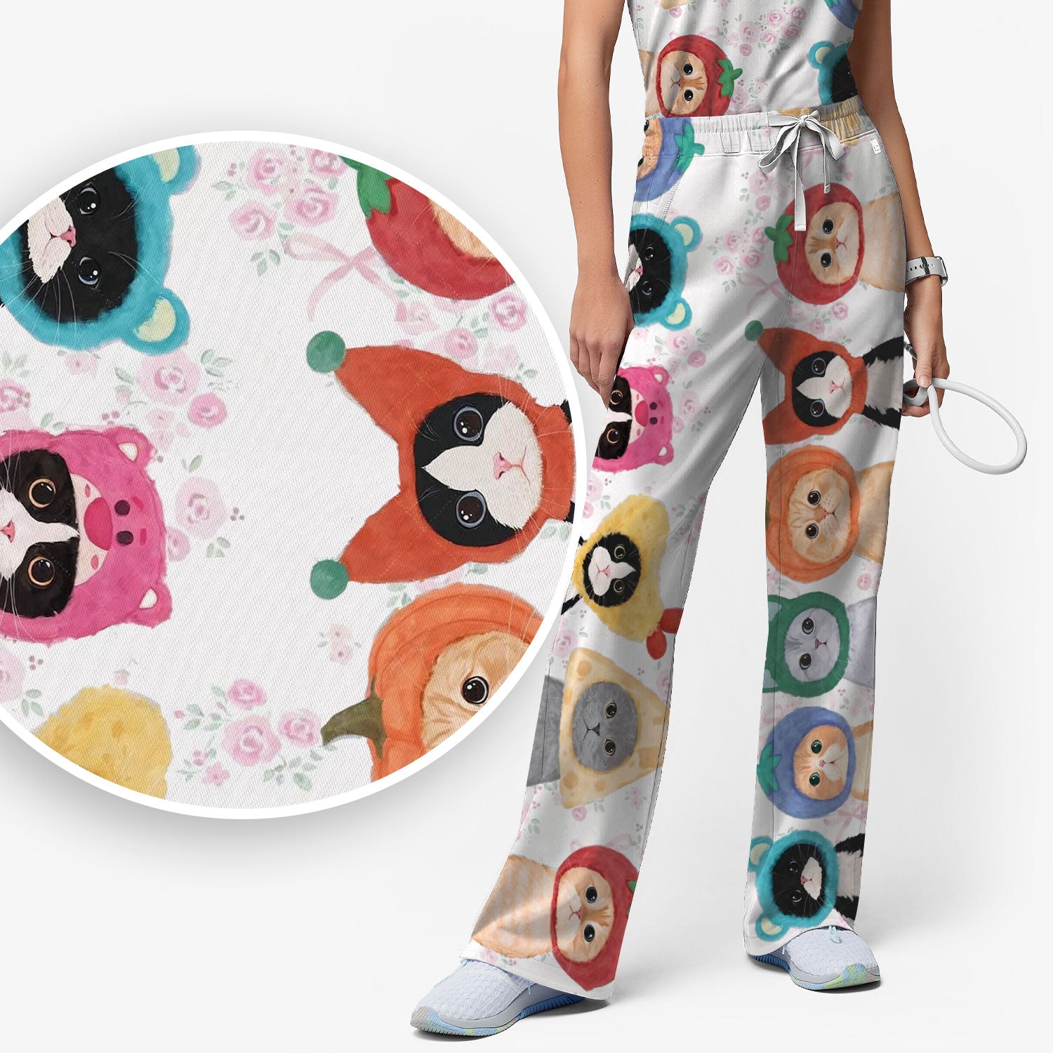 Funny Cartoon Cat Print Scrub Set, Scrub Pants and V Neck Top
