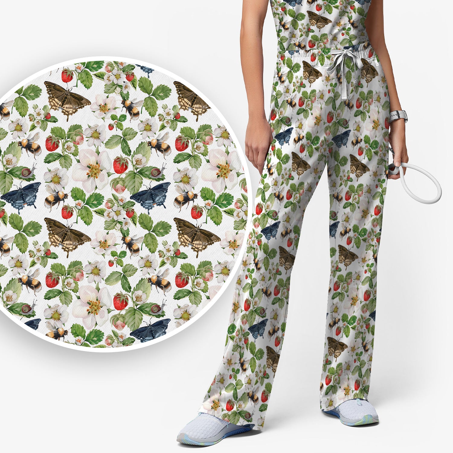 Charming Strawberry Butterfly Garden Pattern Scrub Set, Scrub Pants and V Neck Top