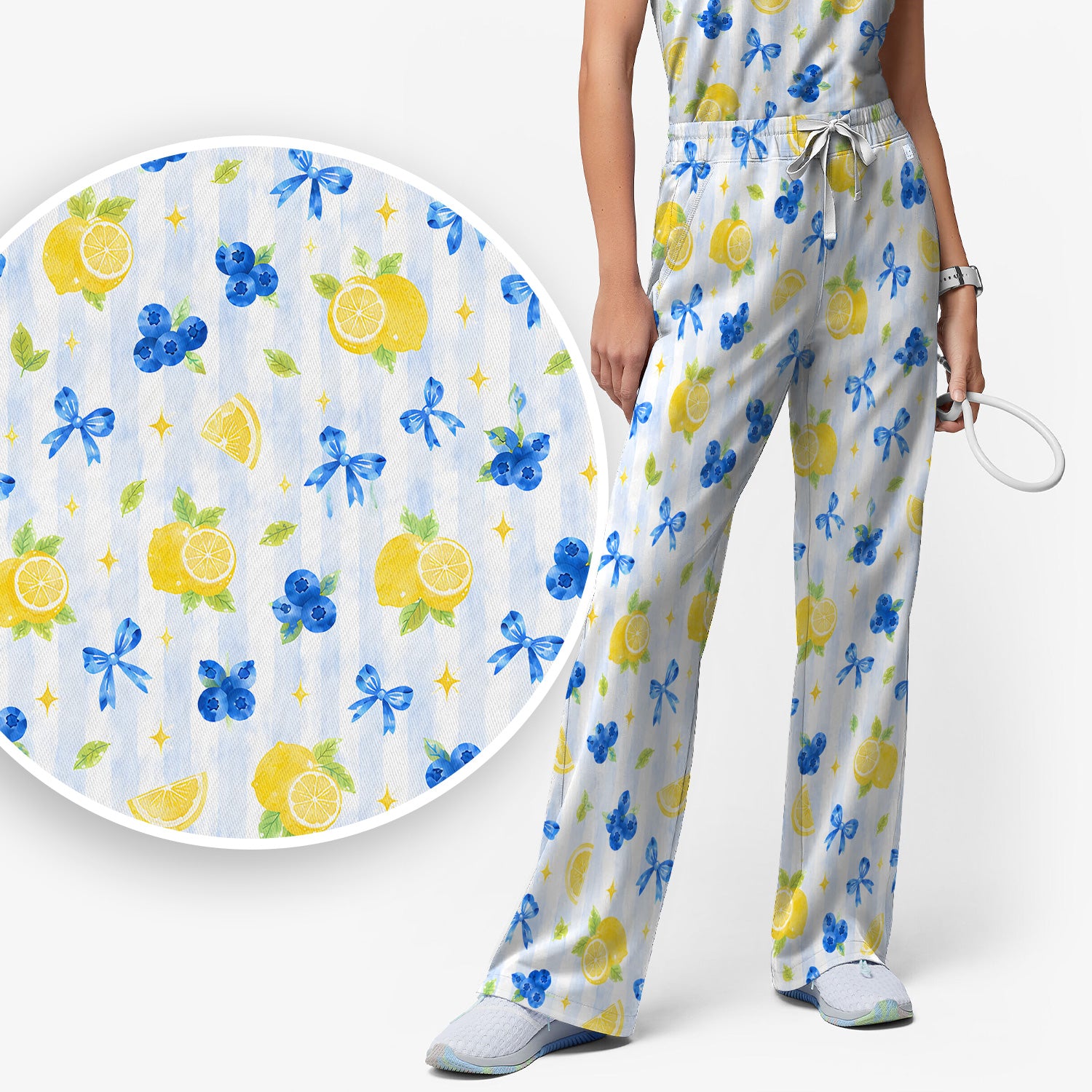 Lemon Blueberry Bow Nurse Print Scrub Set, Scrub Pants and V Neck Top