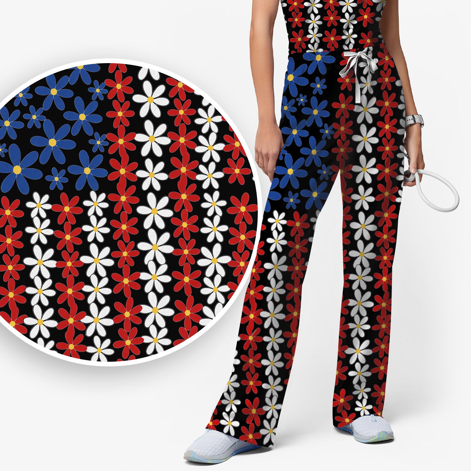 Retro Red Blue Daisy Stripe Pattern Scrub Top, Breathable Fabrics Nursing Uniform
