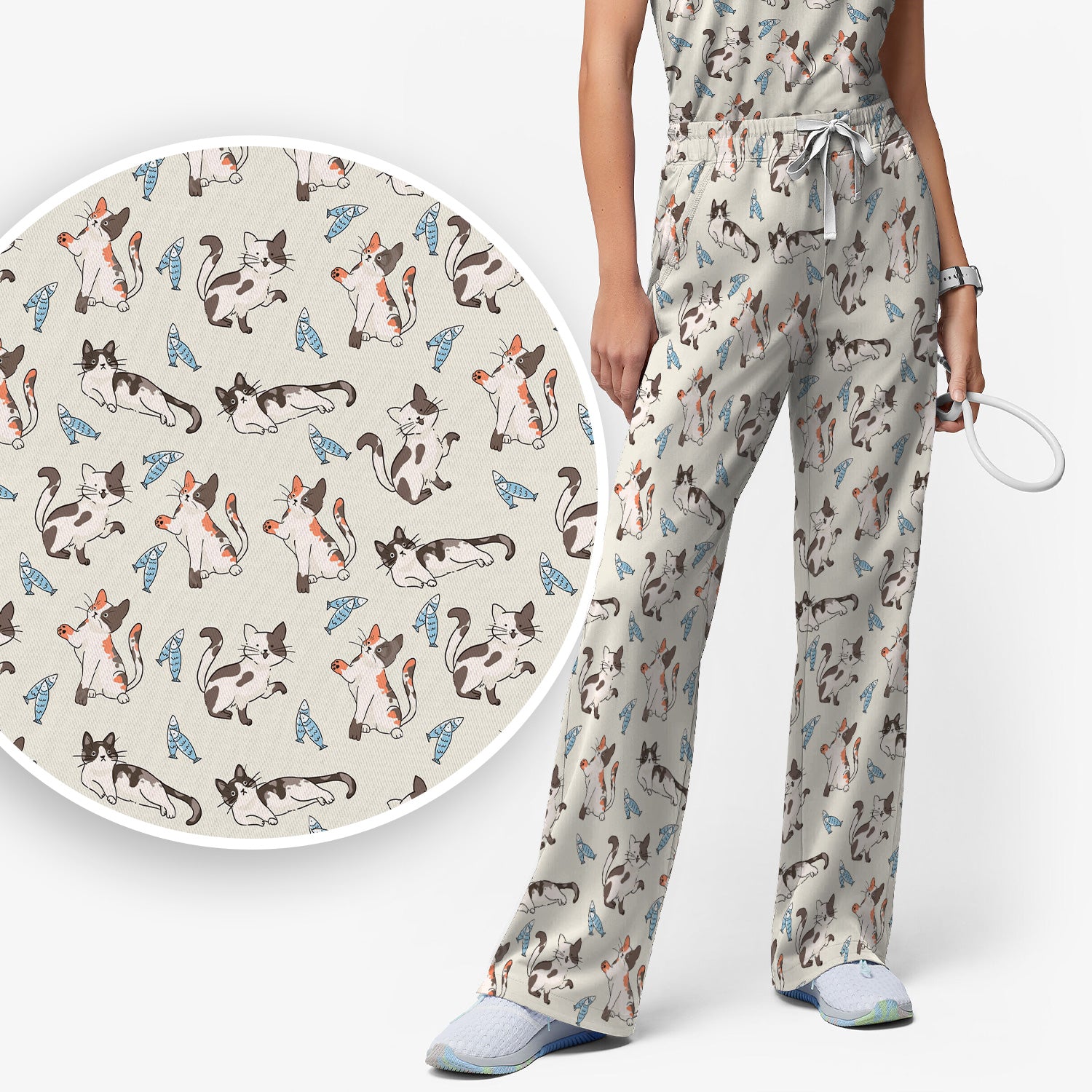 Cute Playful Cats With Fish Pattern Nurse Scrub Set, Scrub Pants and V Neck Top