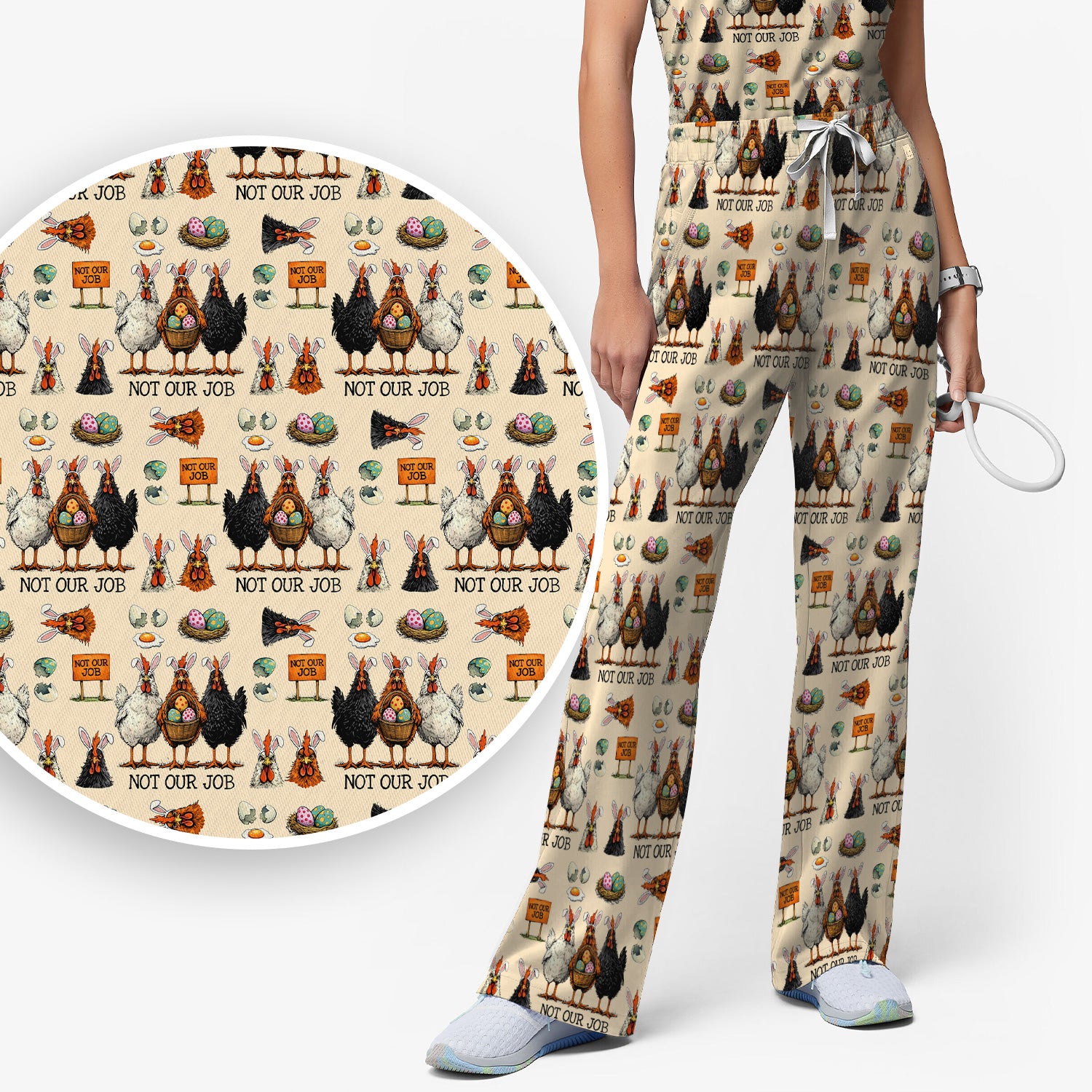 Funny Easter Chicken Humor Pattern Scrub Set, Scrub Pants and V Neck Top