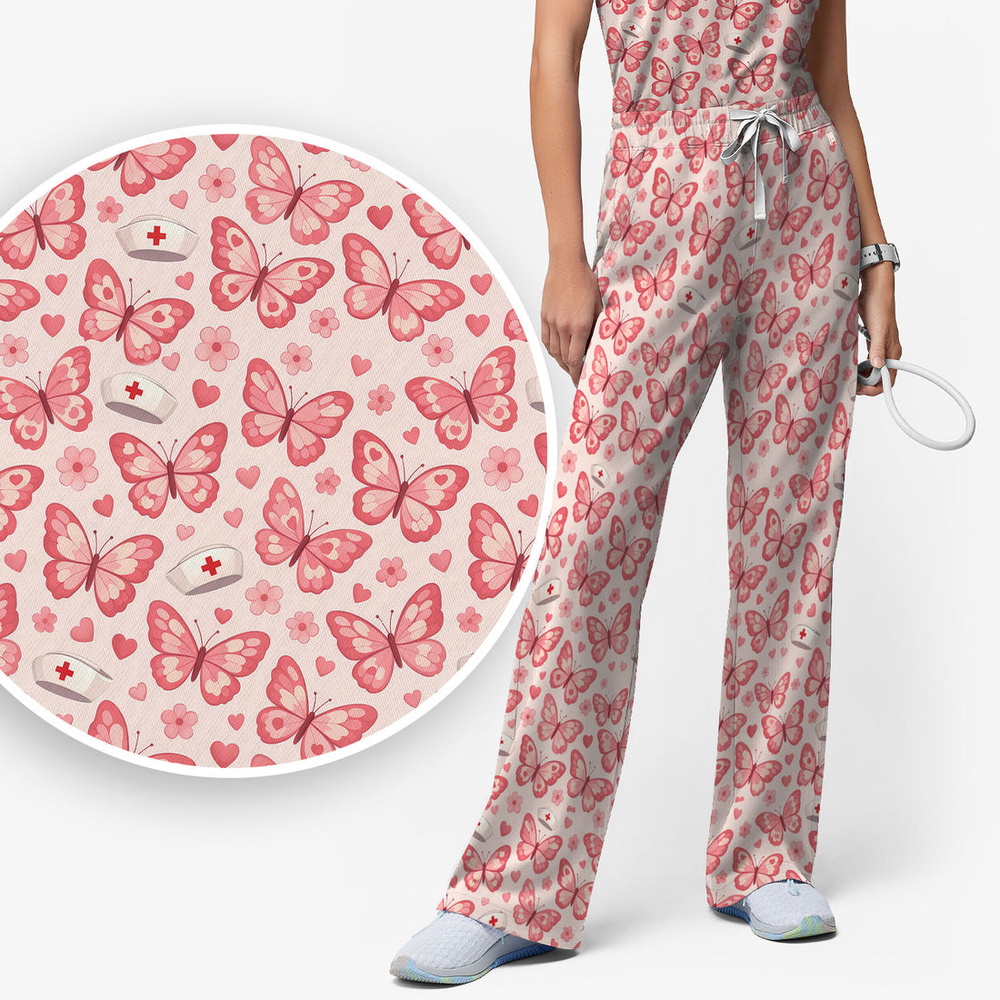 Valentine Butterfly Pattern Nurse Scrub Set, Pink Heart Medical Shirt For Women, Breathable Fabrics Nursing Uniform