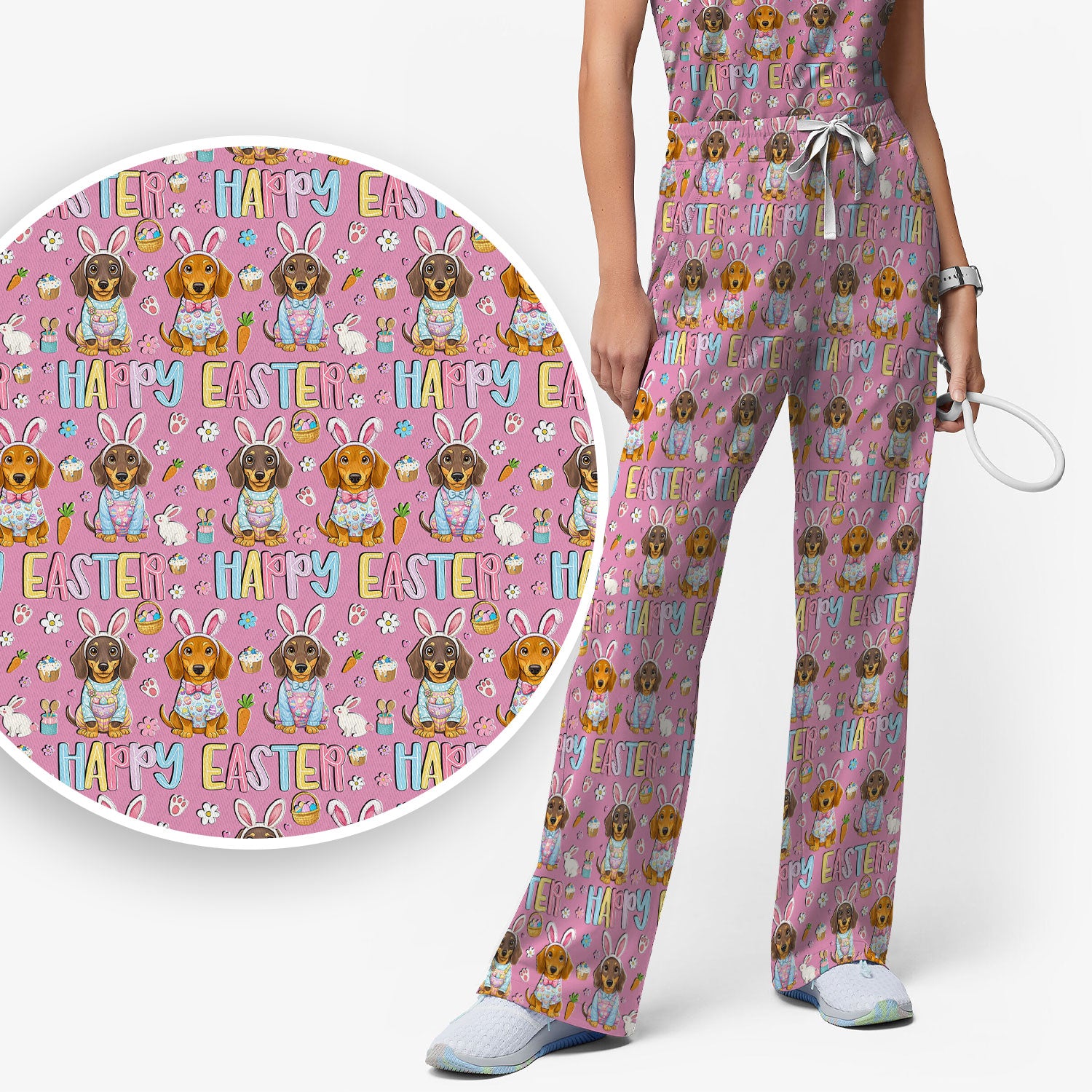 Happy Easter Dachshund Puppy Pattern Scrub Set, Breathable Med Uniform