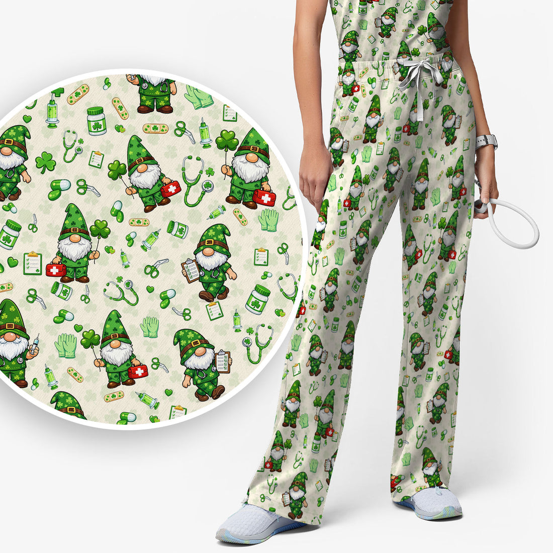St. Patrick’s Day Nurse Gnome Scrub Set, Green Lucky Medical Pattern Nurse Shirt, Breathable Fabrics Nursing Uniform