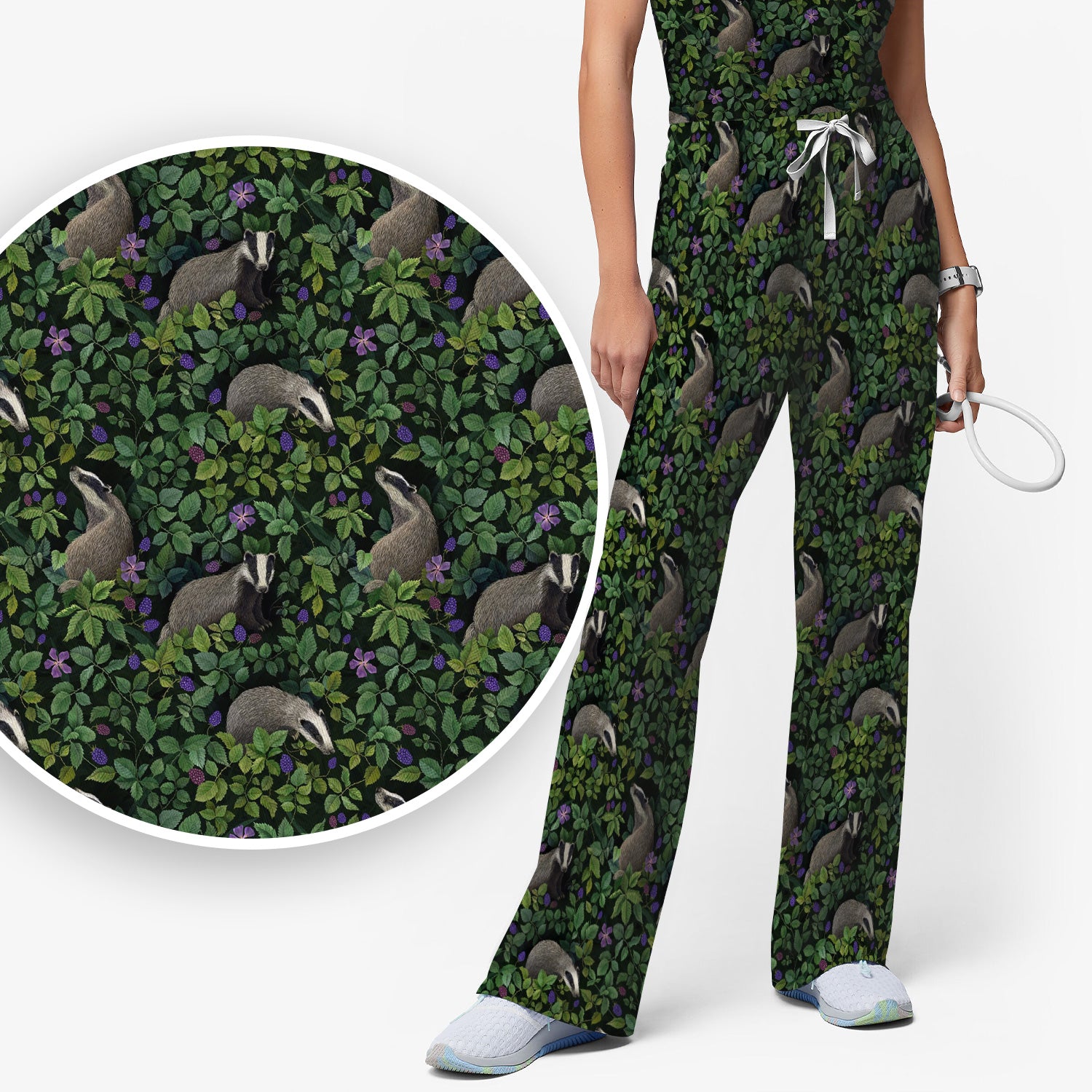 Woodland Badger Forest Pattern Scrub Set, Scrub Pants and V Neck Top
