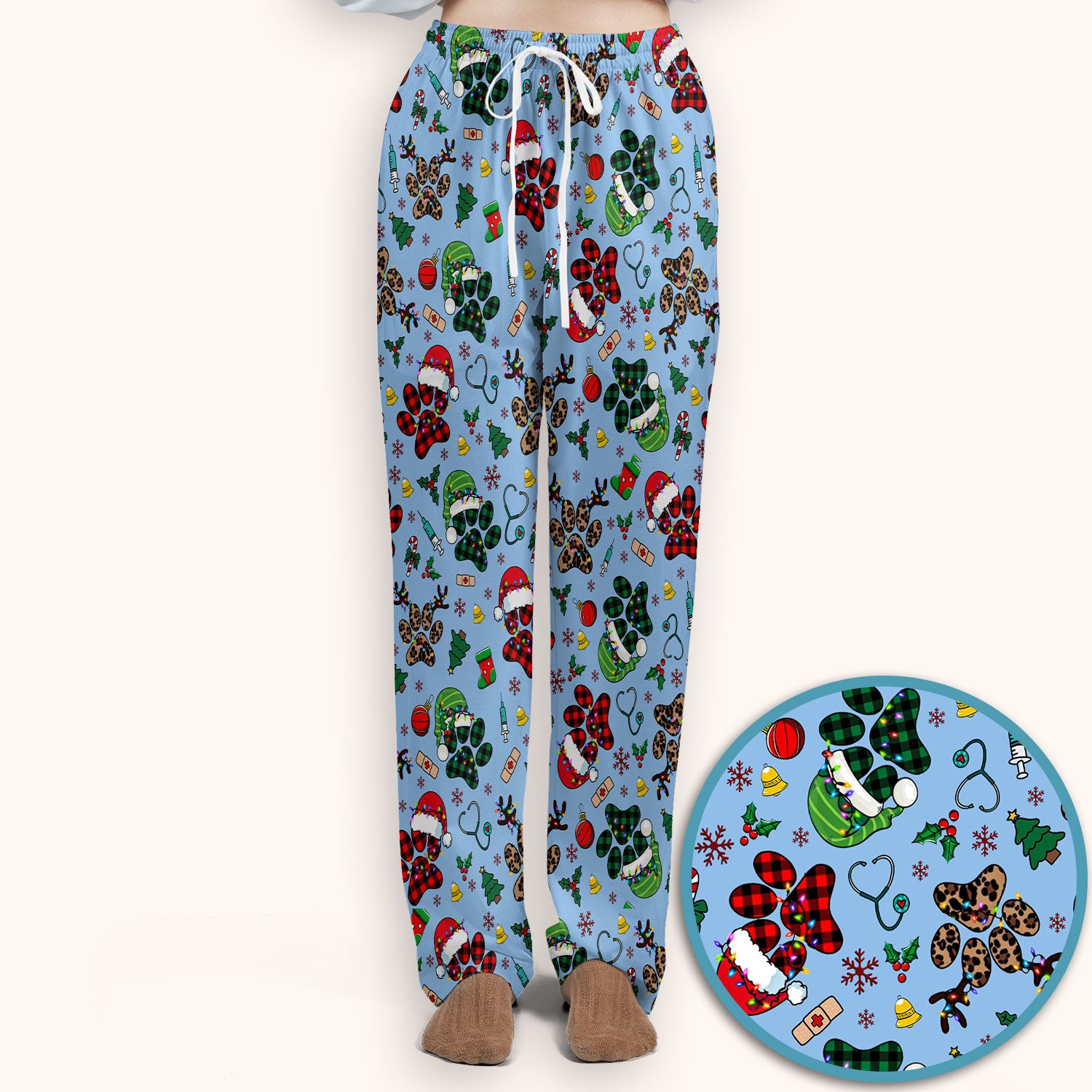 Christmas Paw Print Scrub Set for Nurses - Cute Leopard Holiday Pants and V Neck Top - Funny Pet Medical Uniform Gift
