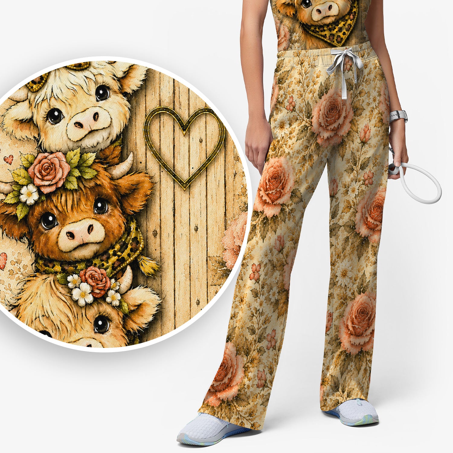 Highland Cow with Floral Farmhouse Scrub Set, Scrub Pants and V Neck Top