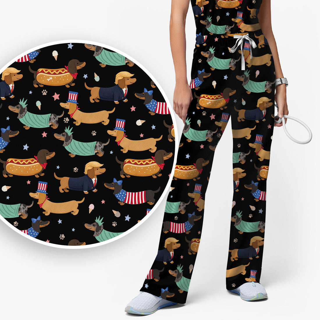 Funny Patriotic Dachshund Costume Dogs Scrub Set, Women's Scrub Sets