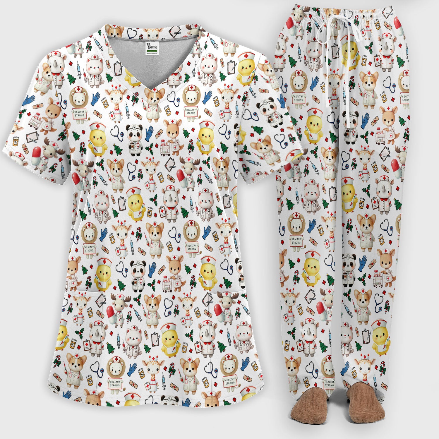 Comfortable Scrubs for Nurses - Women's Scrub Sets - Navy Scrub Pants and V Neck Top - Breathable Med Uniform - Puppy Lover Gift