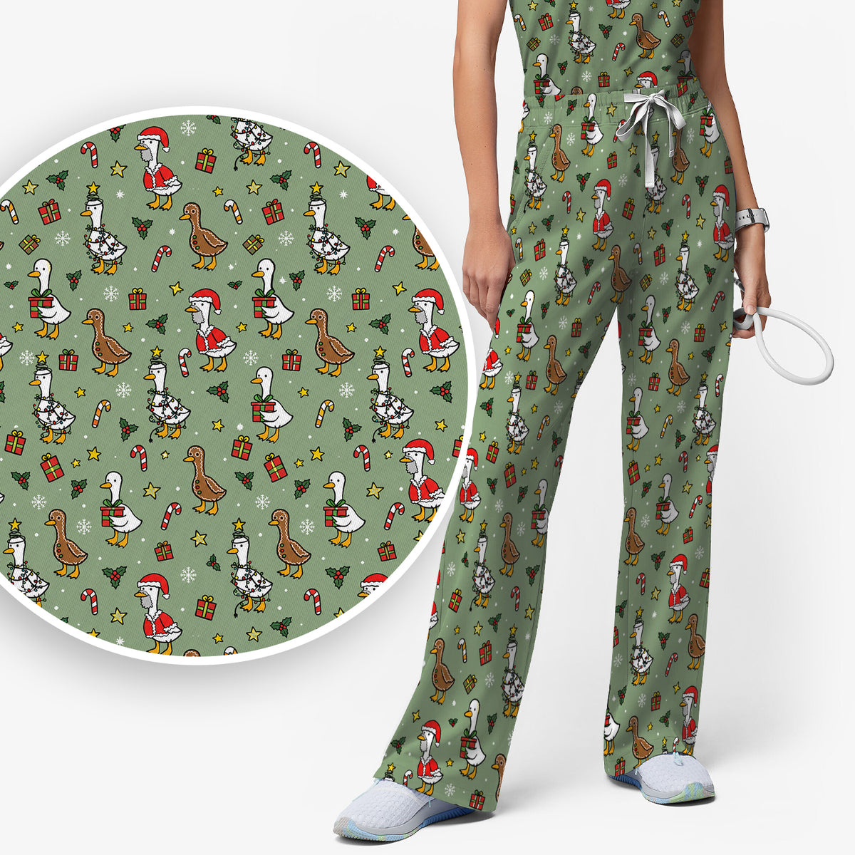 Christmas Geese In Festive Costumes Scrub Set, Scrub Pants and V Neck Top