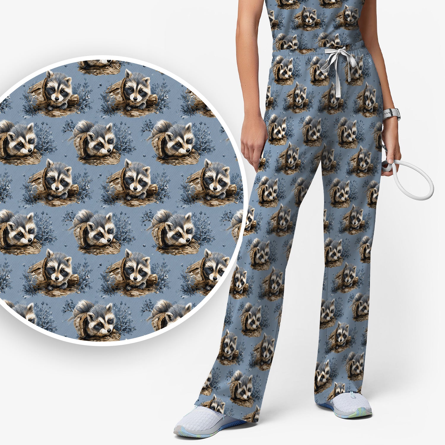 Cute Raccoon In Log Pattern Scrub Set, Scrub Pants and V Neck Top
