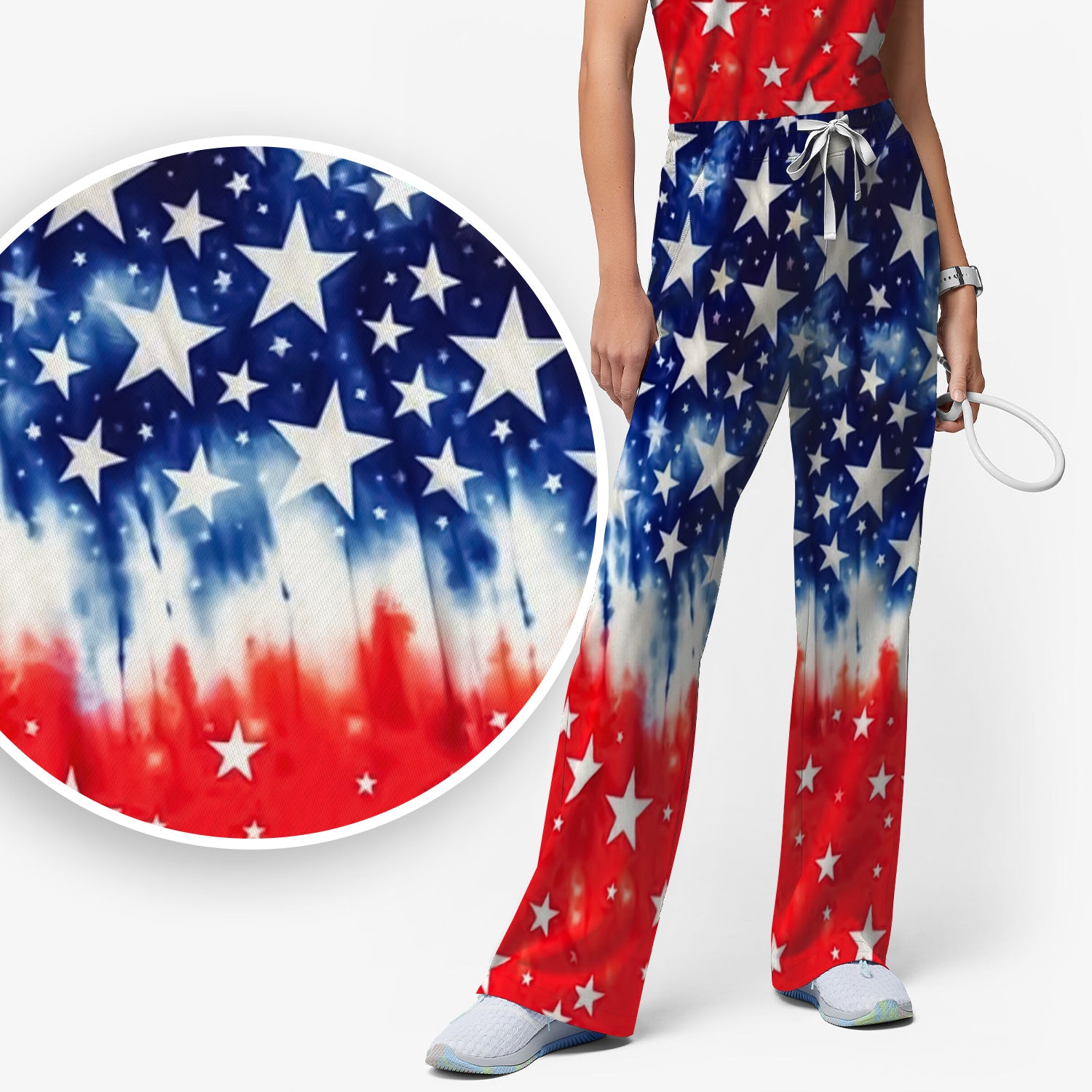 Patriotic Stars Tie Dye Pattern Scrub Set, Scrub Pants and V Neck Top
