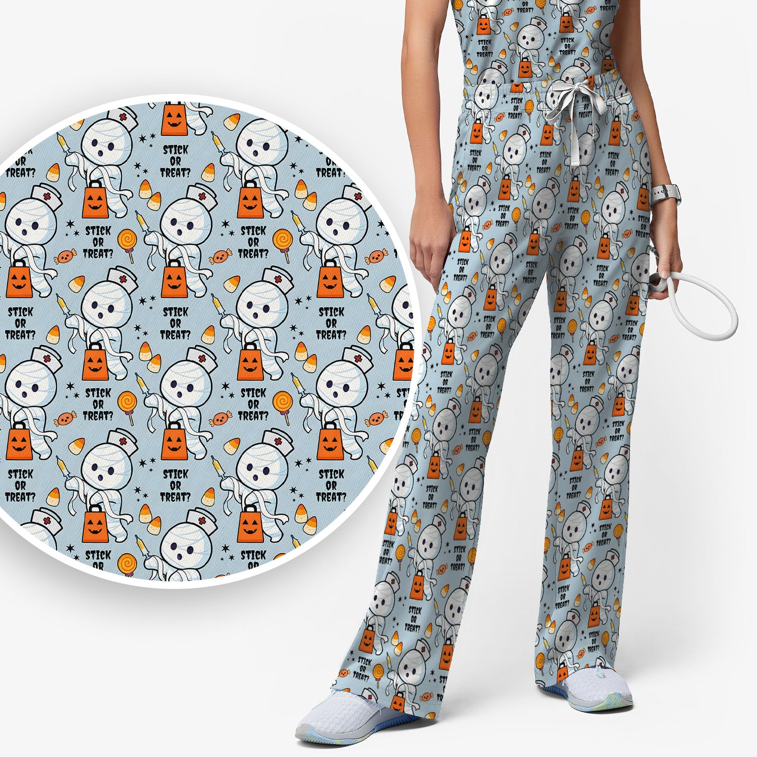 Funny Halloween Stick Or Treat Mummy Nurse Scrub Set, Scrub Pants and V Neck Top