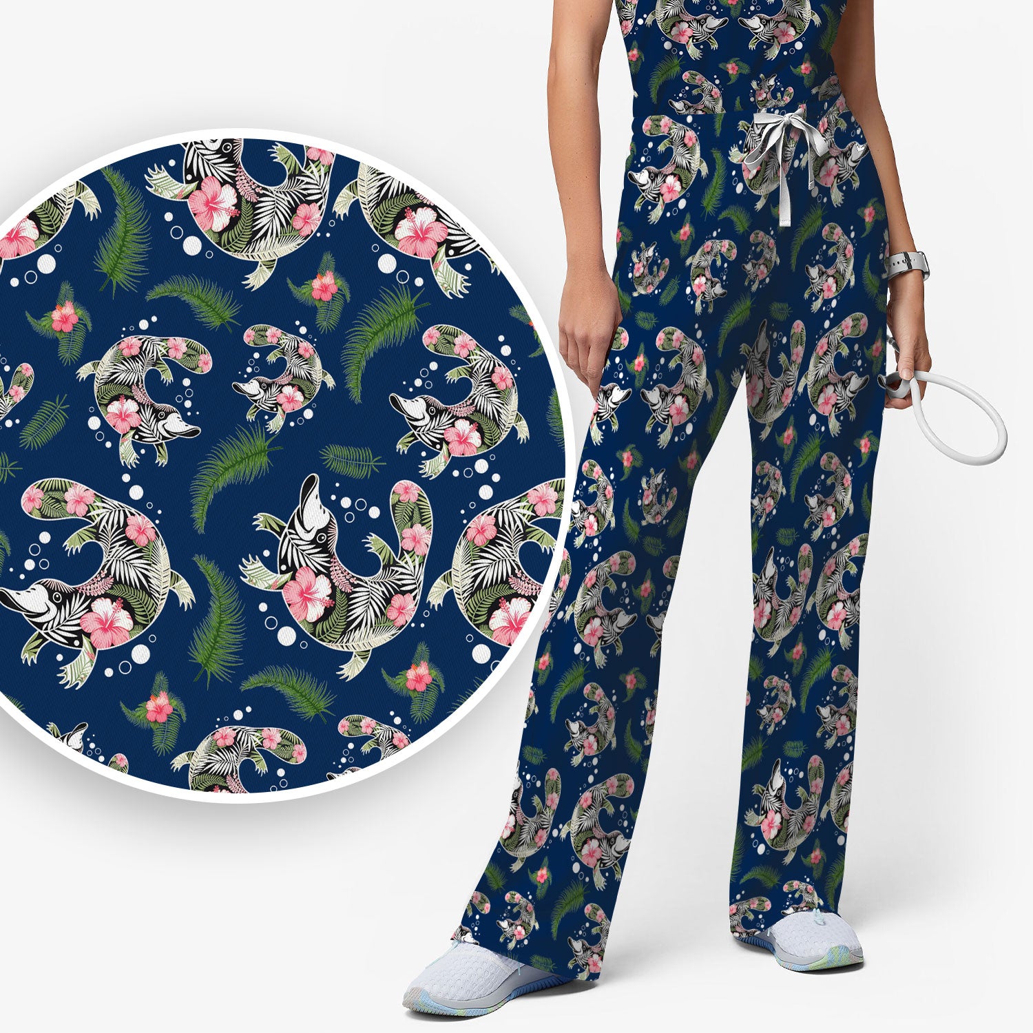 Cute Platypus Scrub Set, Tropical Floral Animal Pattern Nurse Shirt, Breathable Fabrics Nursing Uniform