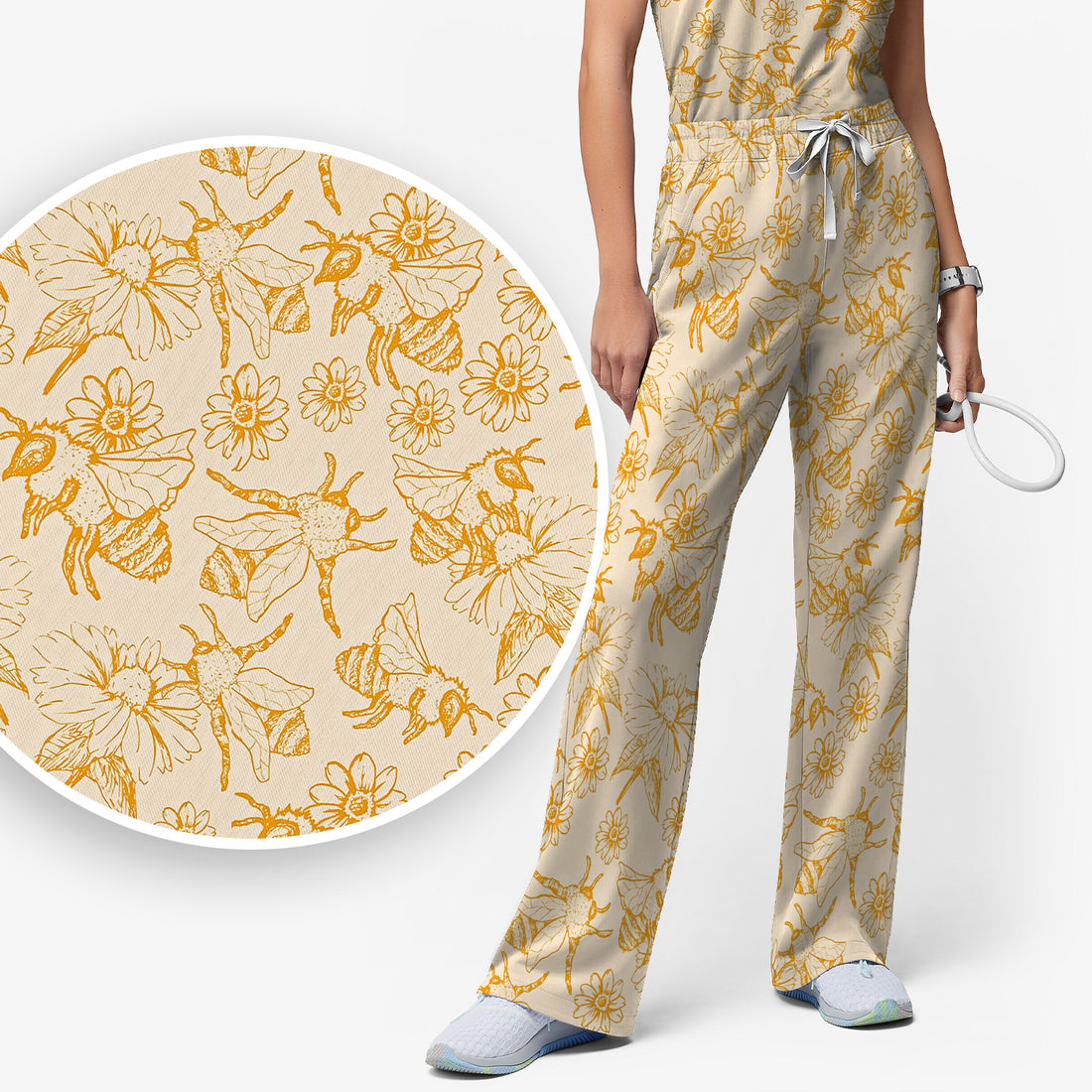 Cute Honey Bee Flower Sketch Pattern Scrub Set, Scrub Pants and V Neck Top