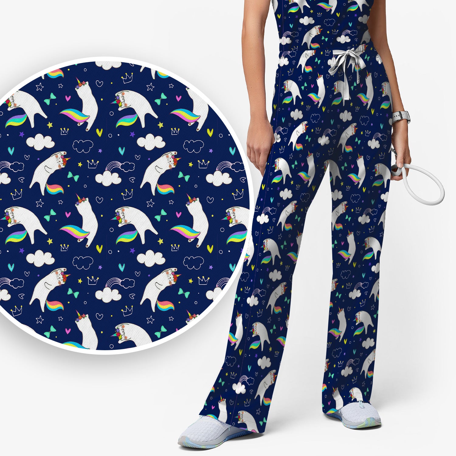 Unicorn Cat With Rainbow Tail Clouds Scrub Set, Scrub Pants and V Neck Top