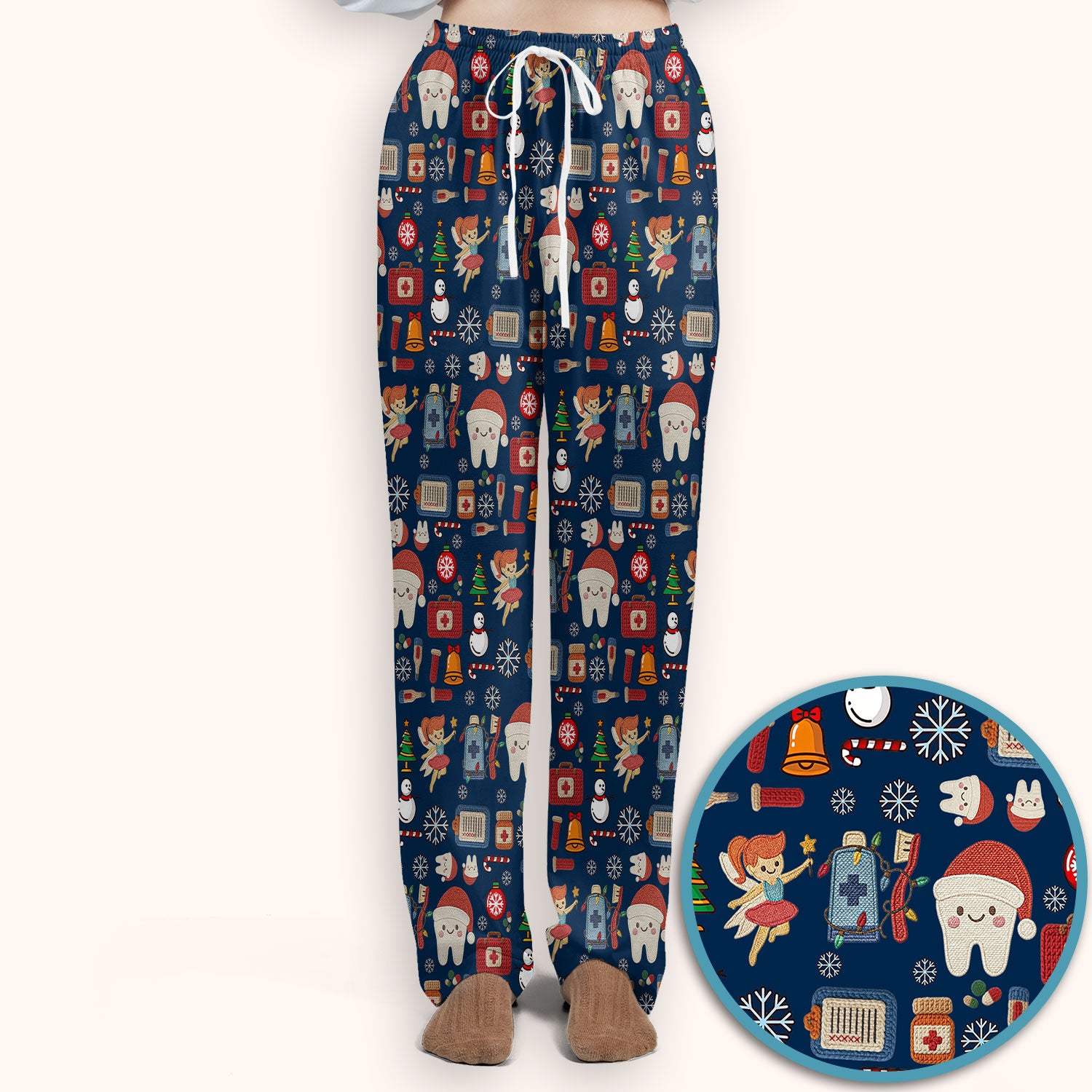 Christmas Dental Scrub Set - Cute Santa Tooth & Snowman Scrubs Pants and V Neck Top - Funny Holiday Gift for Dentists, Hygienists