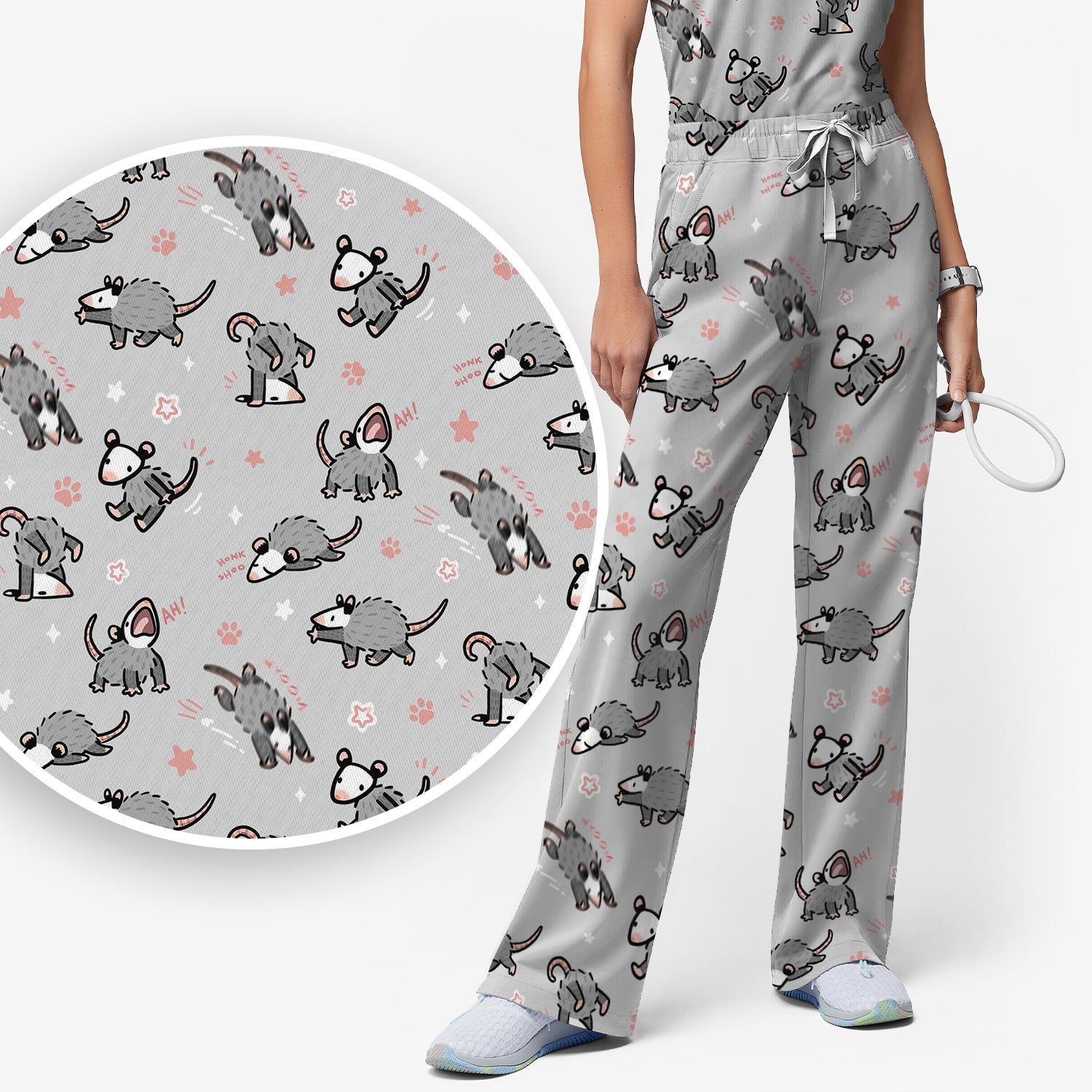 Playful Cartoon Opossum Character Pattern Scrub Set, Women's Scrub Sets