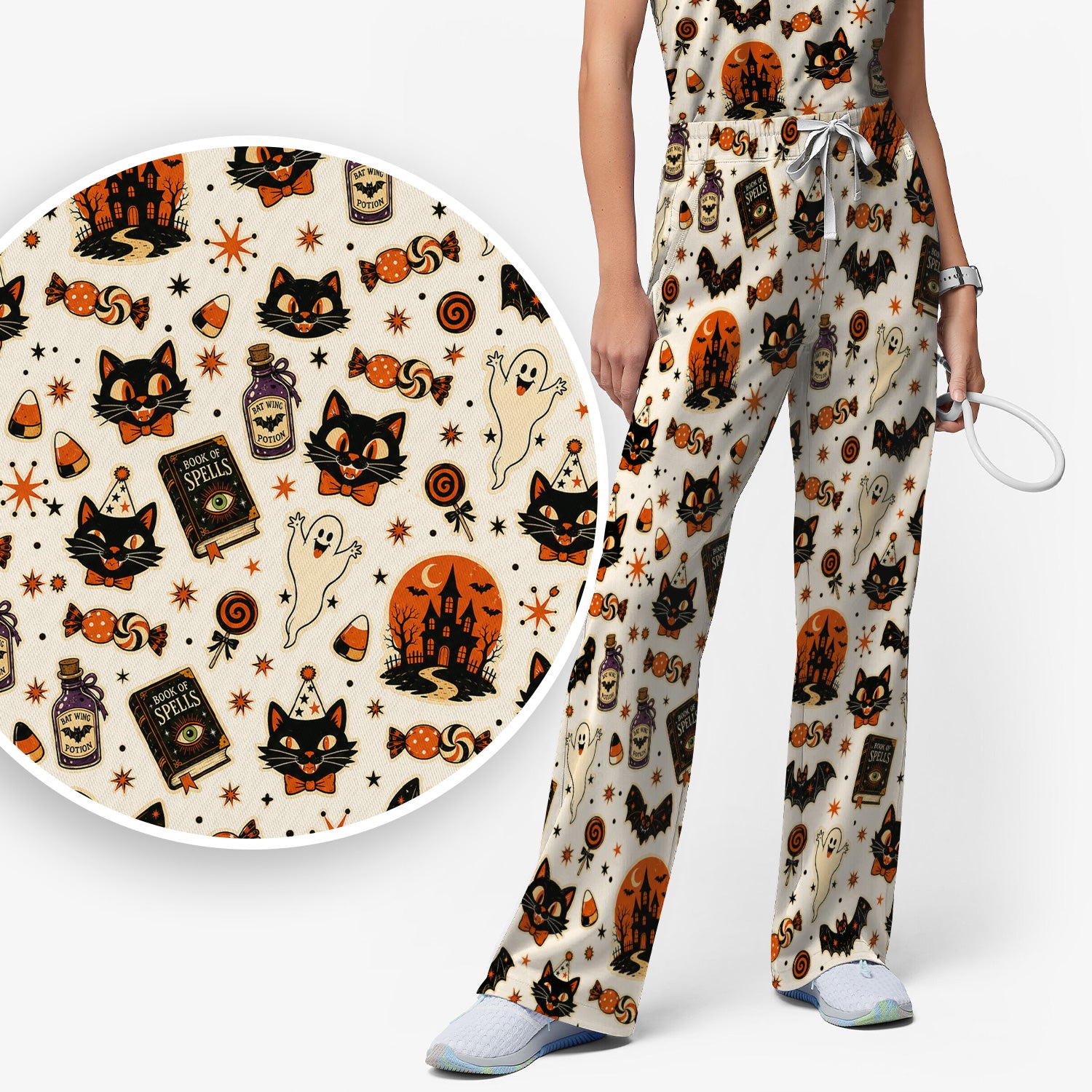 Halloween Black Cat with Ghost Candy Print Scrub Set, Scrub Pants and V Neck Top