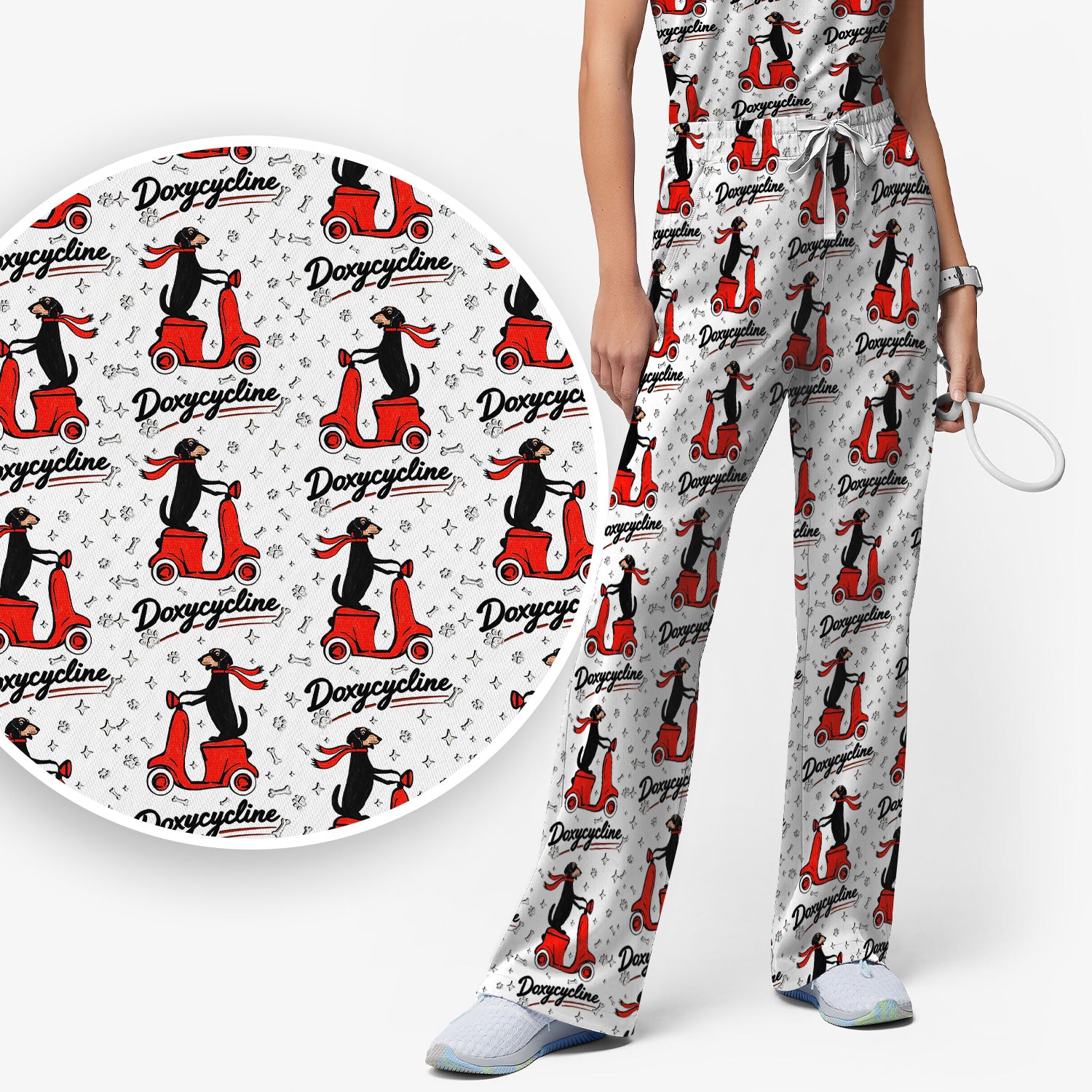 Funny Dachshund Riding Scooter Doxycycline Print Scrub Set, Breathable Med Uniform
