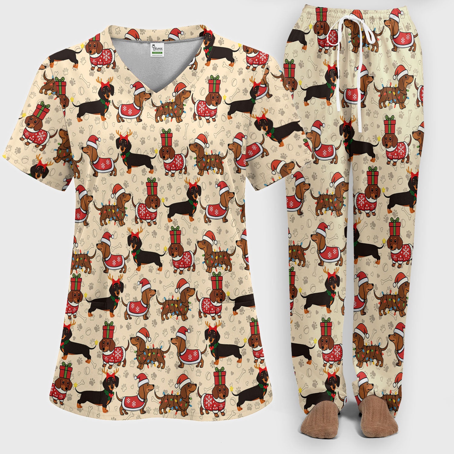 Funny Wiener Dog Scrub Set for Women - Santa's Favourite Nurse Gift - Funny Medical Uniform for RN CNA LPN