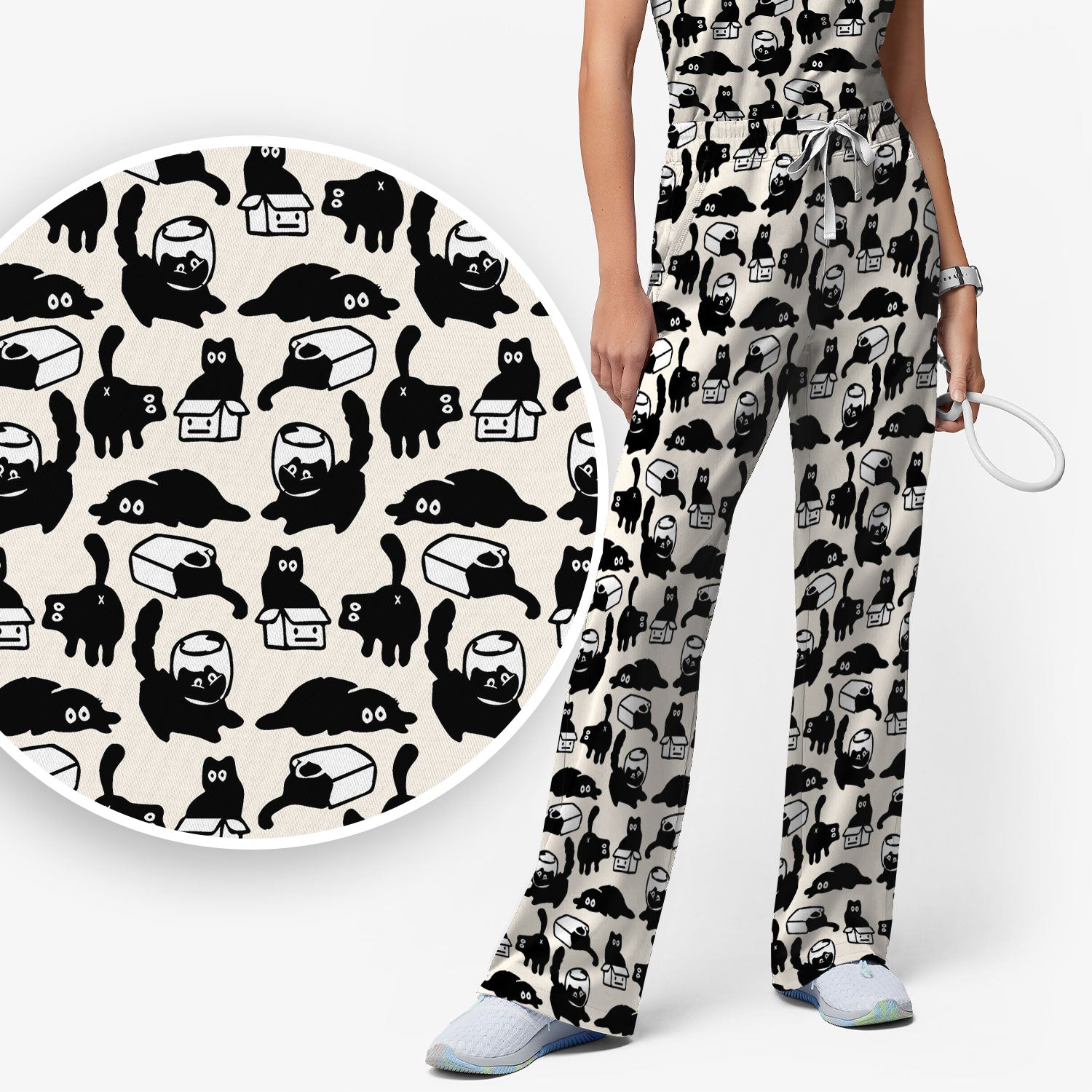 Dark Playful Cat Cartoon Pattern Scrub Set, Breathable Med Uniform