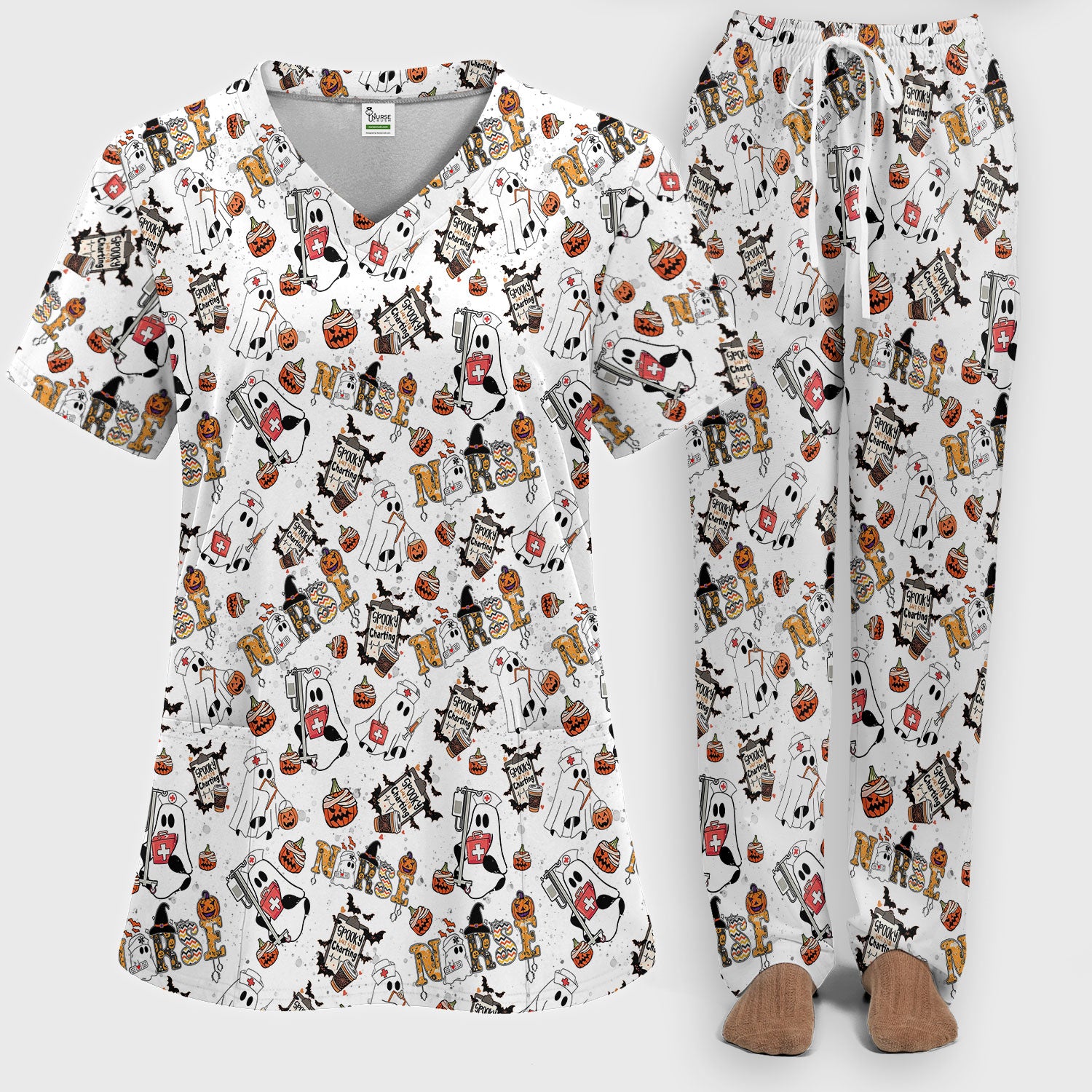 Halloween Women's Scrub Sets - Spooky But Still Charting - Funny Scrubs for Nurses - Horror Pumpkin Scrub Pants and V Neck Top