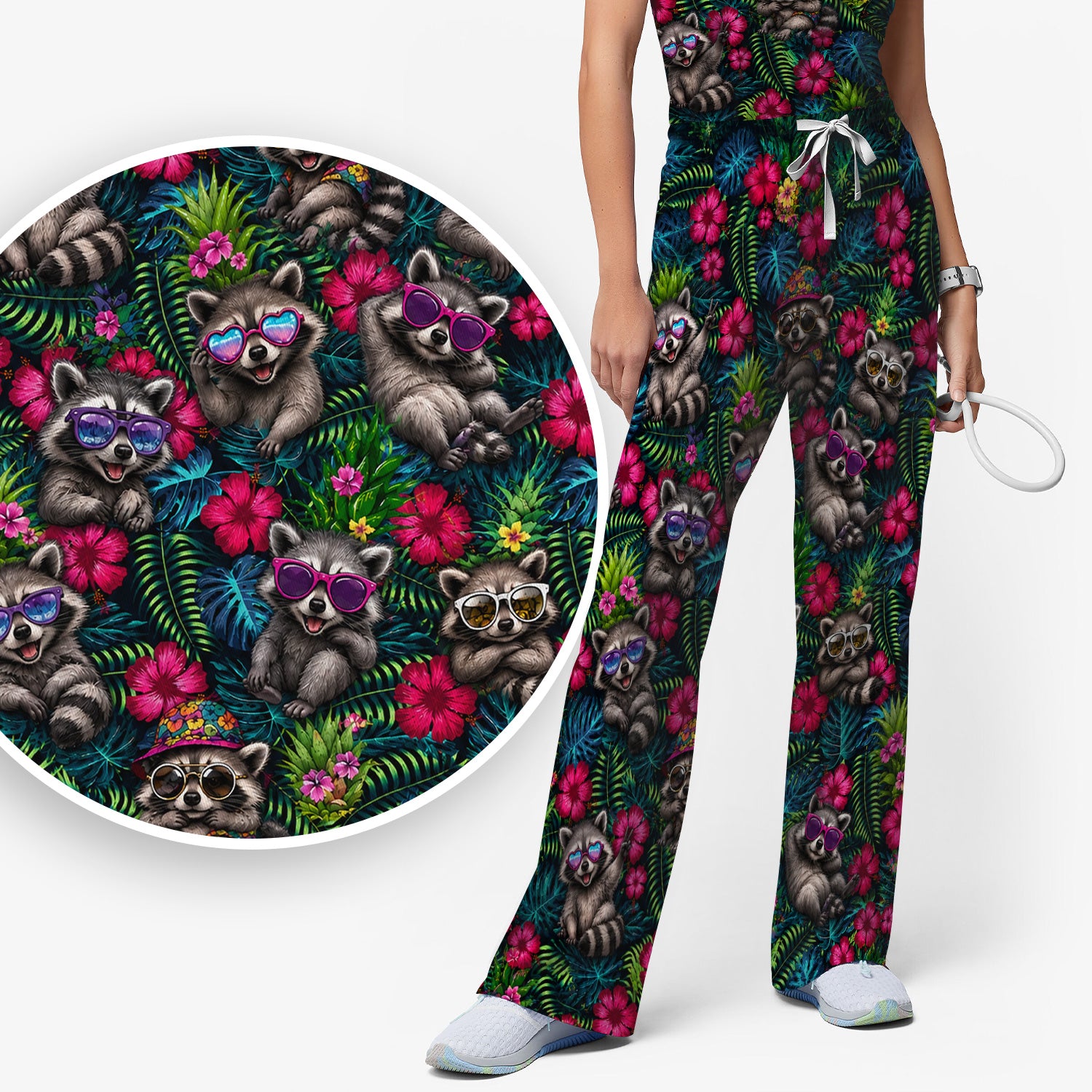 Tropical Raccoon Nurse Floral Pattern Scrub Set, Scrub Pants and V Neck Top