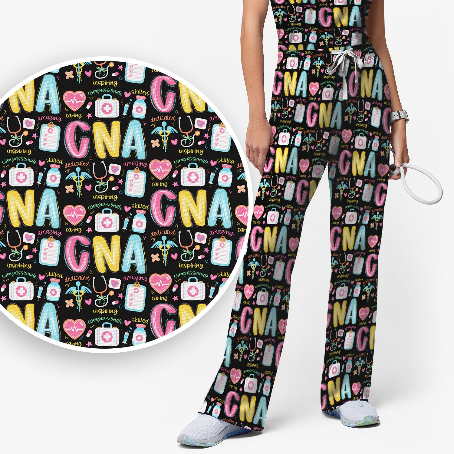 CNA Nurse Appreciation Pattern Scrub Set, Breathable Med Uniform