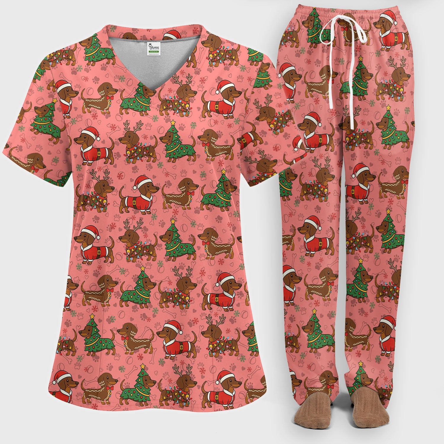 Christmas Weenie Dog Scrub Sets - Xmas Dachshund Scrub Pants - Cute Sausage Puppy V Neck Top - Ugly Sweater for Pet Lover