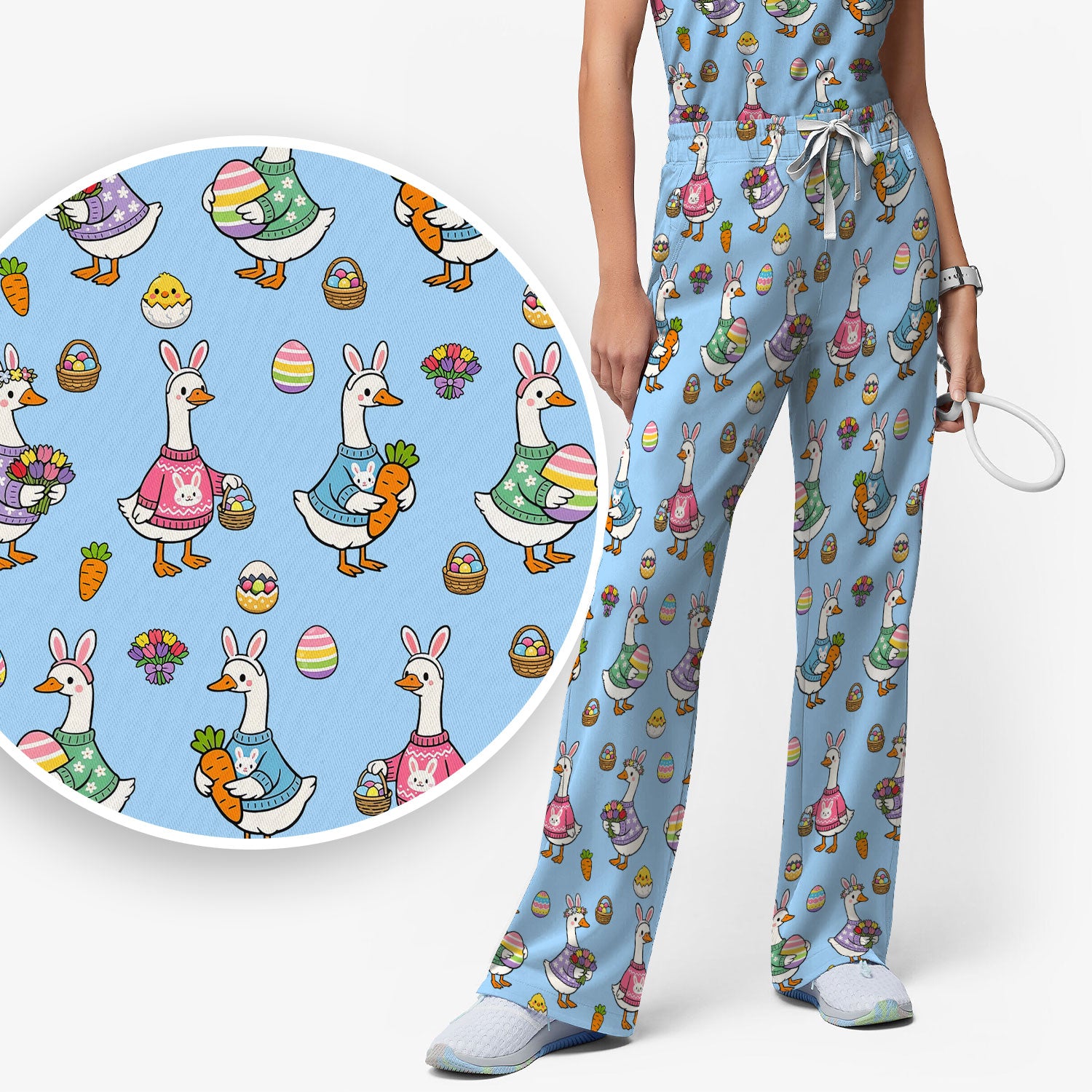 Cute Easter Goose Print Scrub Set, Breathable Med Uniform