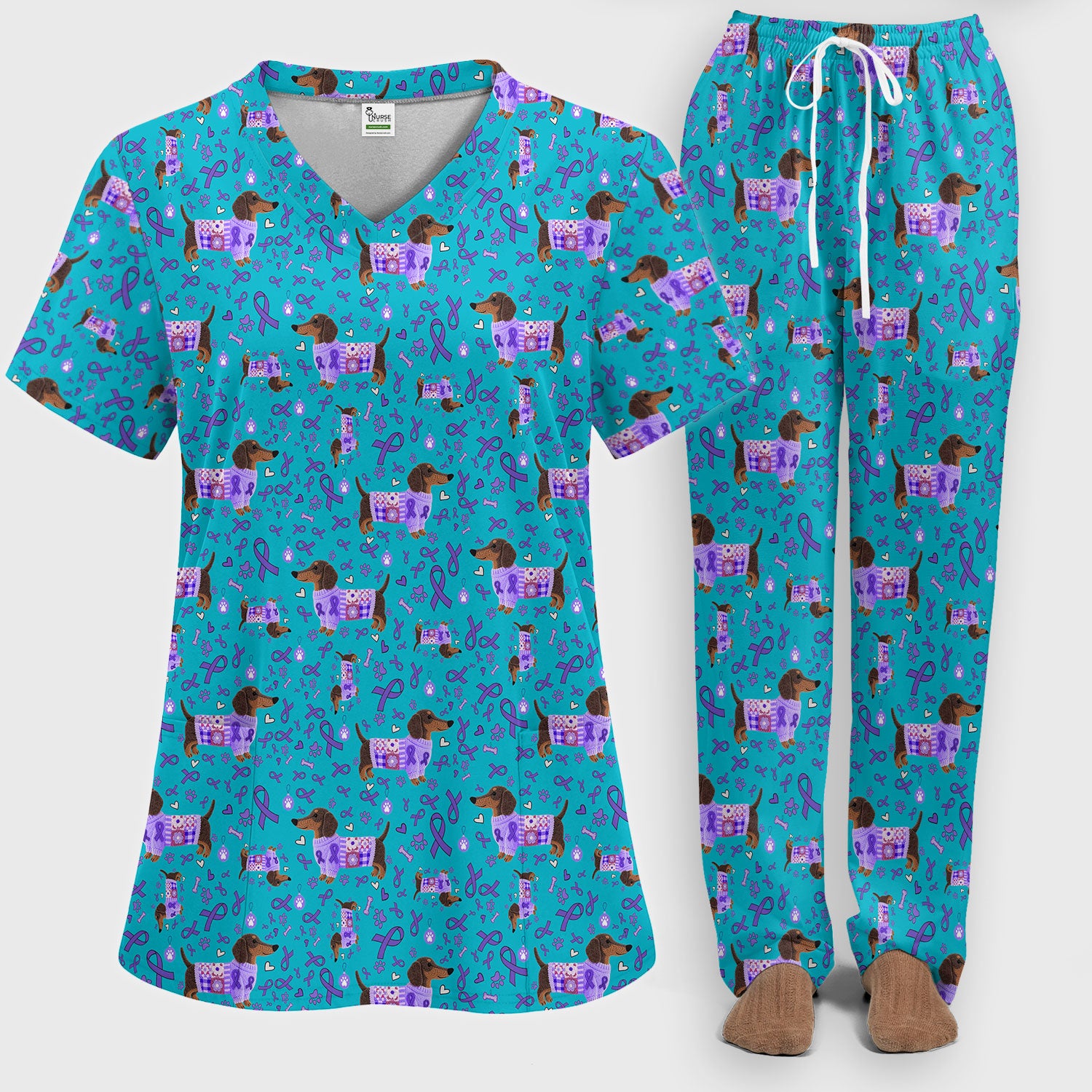 Wiener Dog Purple Ribbon Cancer Awareness Scrub Sets - Dachshund Nursing Uniform - Comfortable Scrubs for Nurses