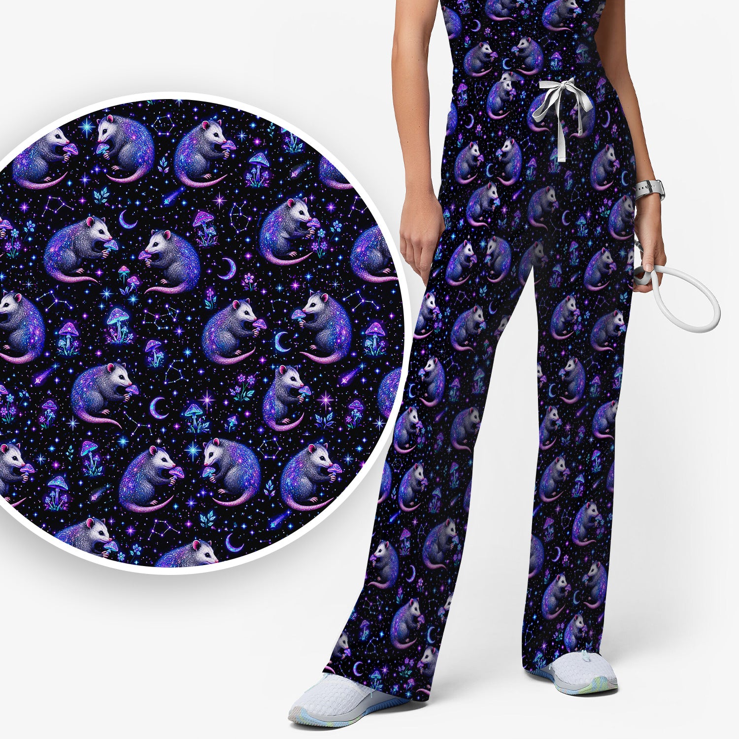 Celestial Purple Opossum With Mushroom Pattern Scrub Set, Scrub Pants and V Neck Top