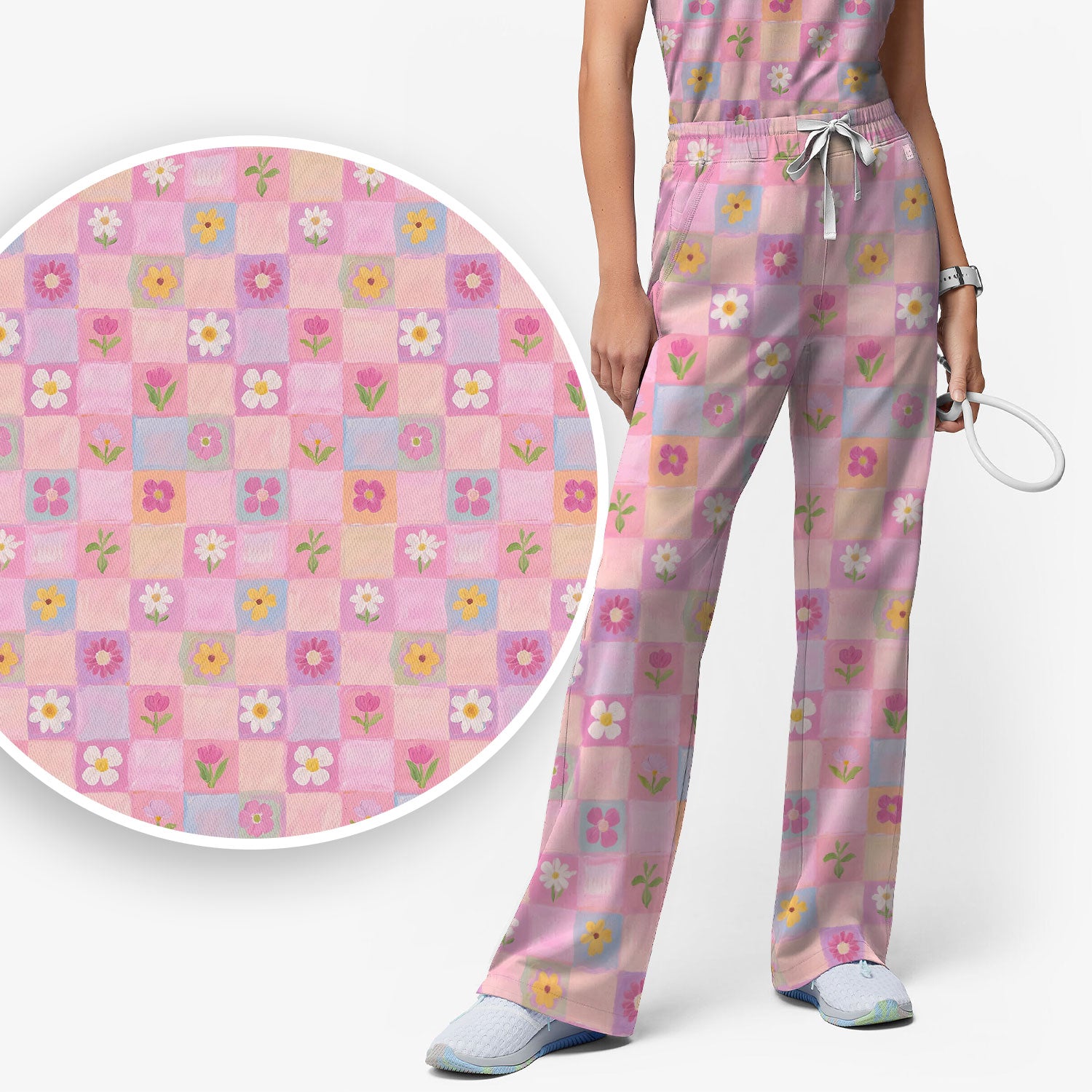 Lovely Pastel Floral Patchwork Pattern Scrub Set, Scrub Pants and V Neck Top