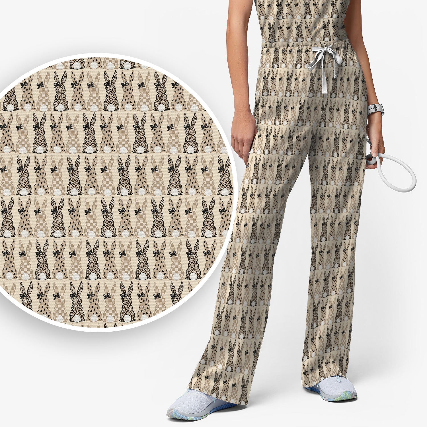 Vintage Bunny Pattern Beige Scrub Set, Scrub Pants and V Neck Top