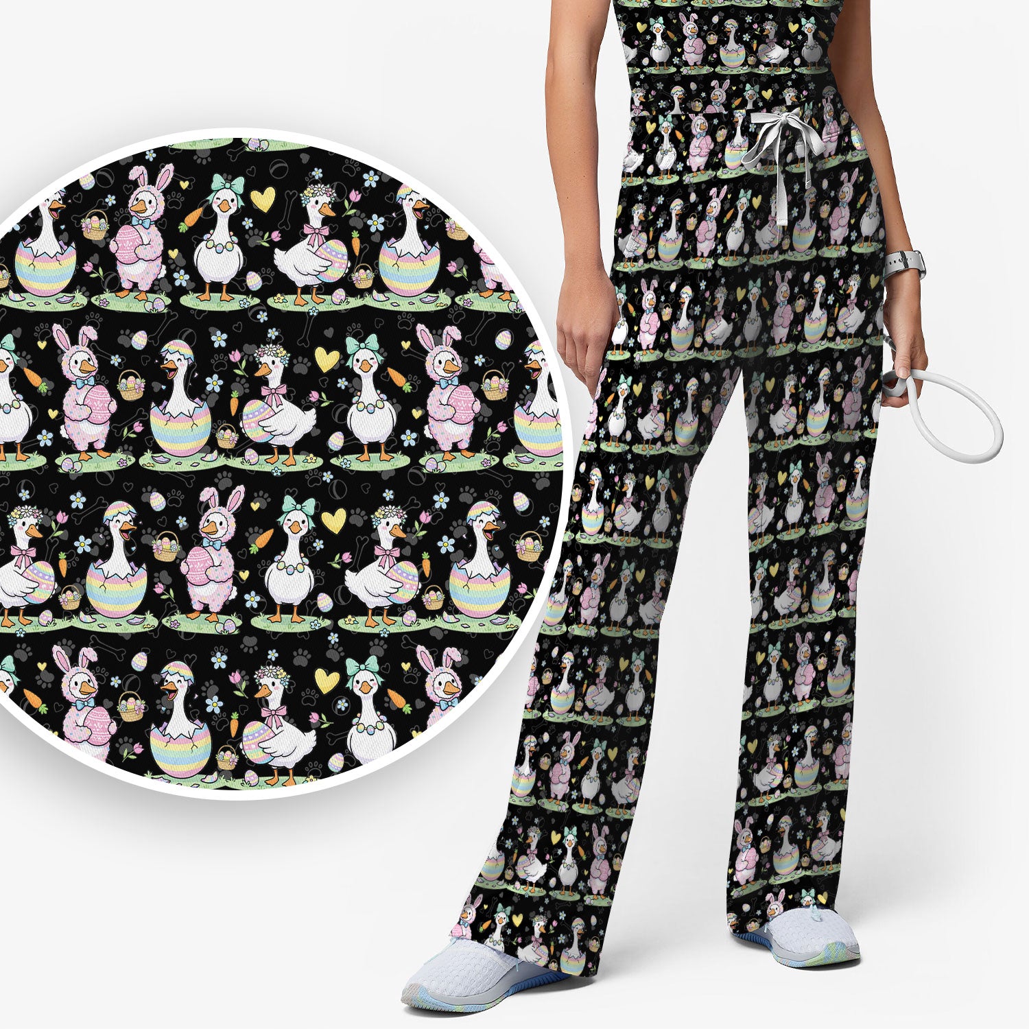 Spring Easter Goose and Bunny Print Scrub Set, Breathable Med Uniform
