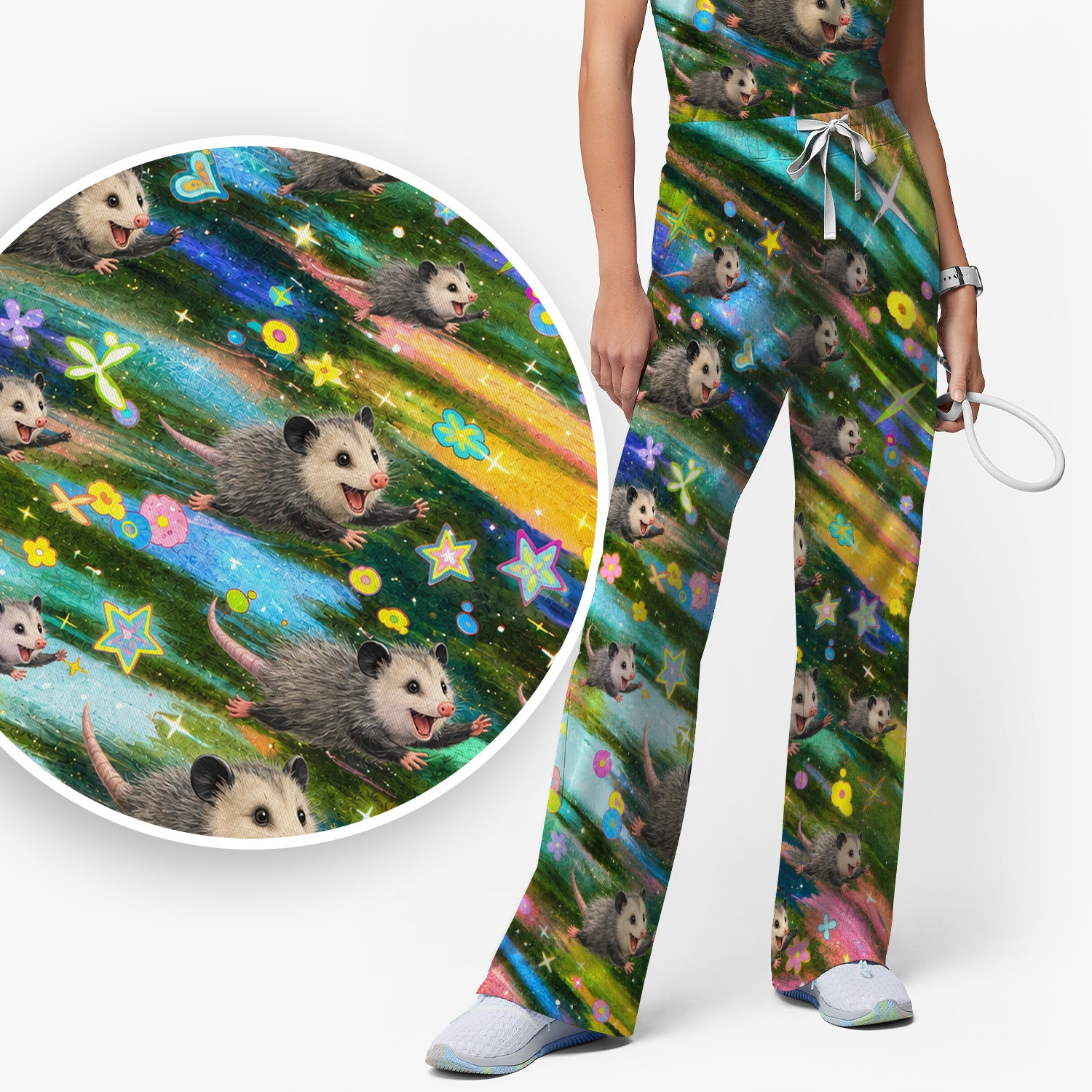 Colorful Opossum Rainbow Stars Print Scrub Set, Scrub Pants and V Neck Top