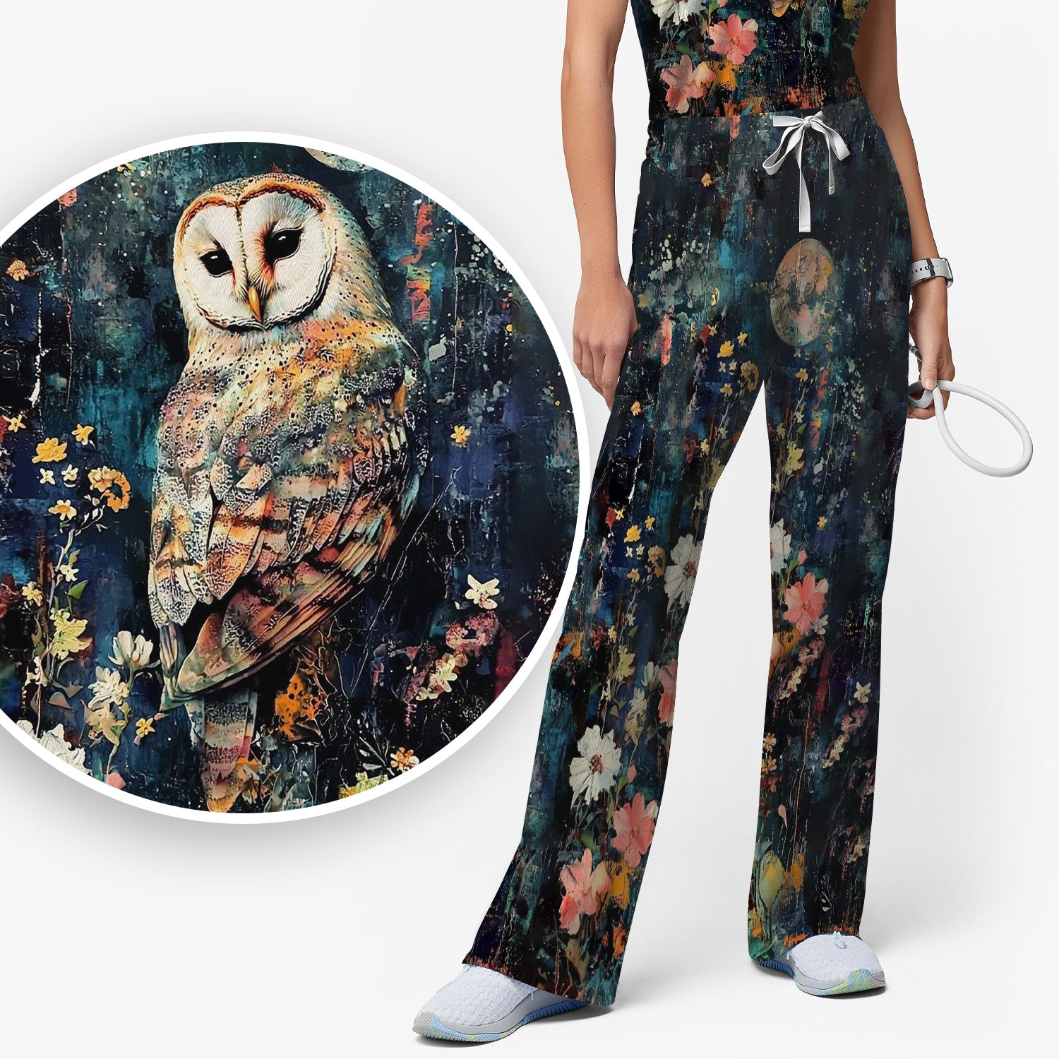 Moonlit Barn Owl Floral Pattern Scrub Set, Scrub Pants and V Neck Top