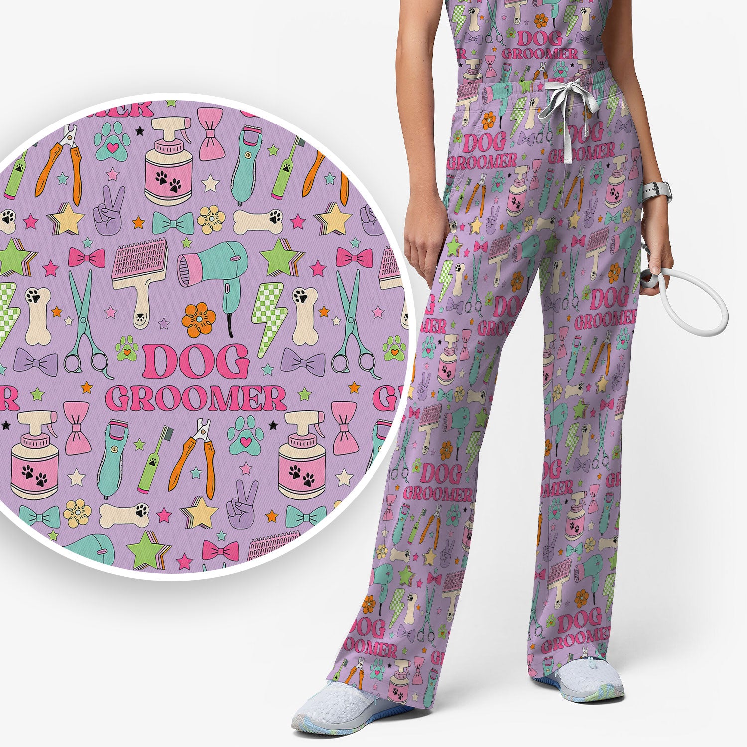 Dog Groomer Tools Pattern Women's Scrub Set, Scrub Pants and V Neck Top