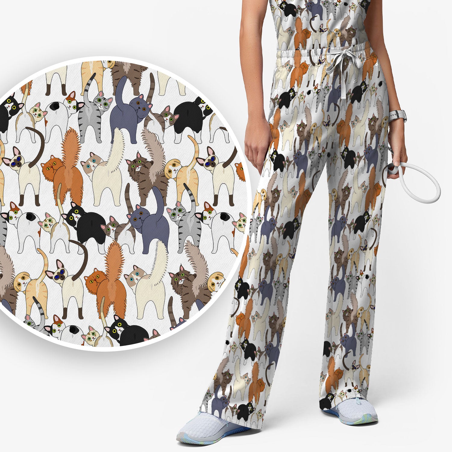 Whimsical Multicolor Cat Cartoon Pattern Scrub Set, Breathable Med Uniform