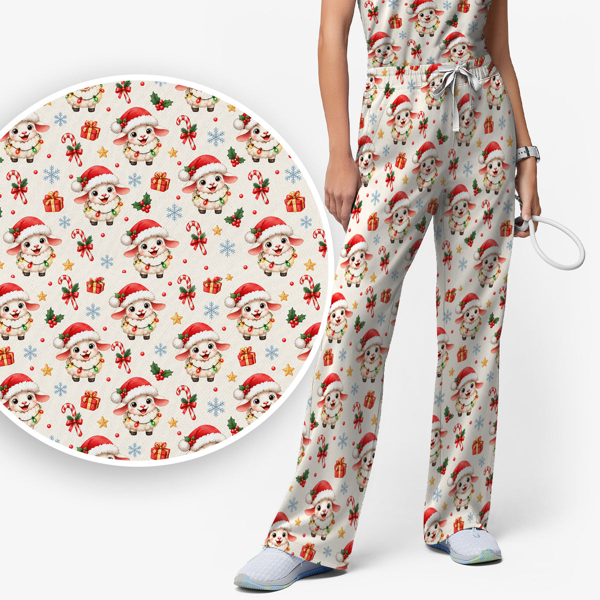 Christmas Lamb With Lights Scrub Set, Scrub Pants and V Neck Top